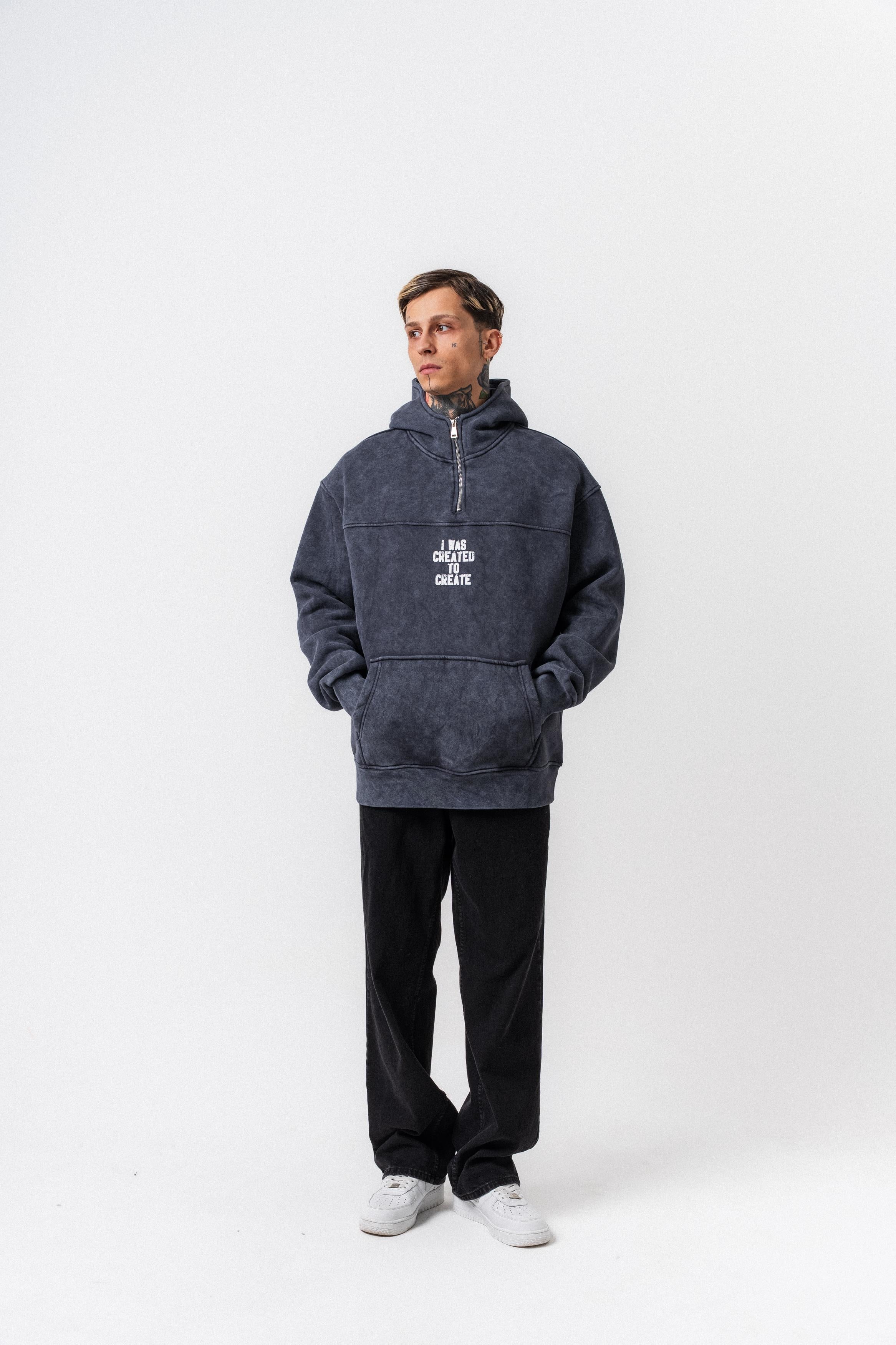 Erkek Create Baskılı Kapüşonlu Oversize Hoodie Füme