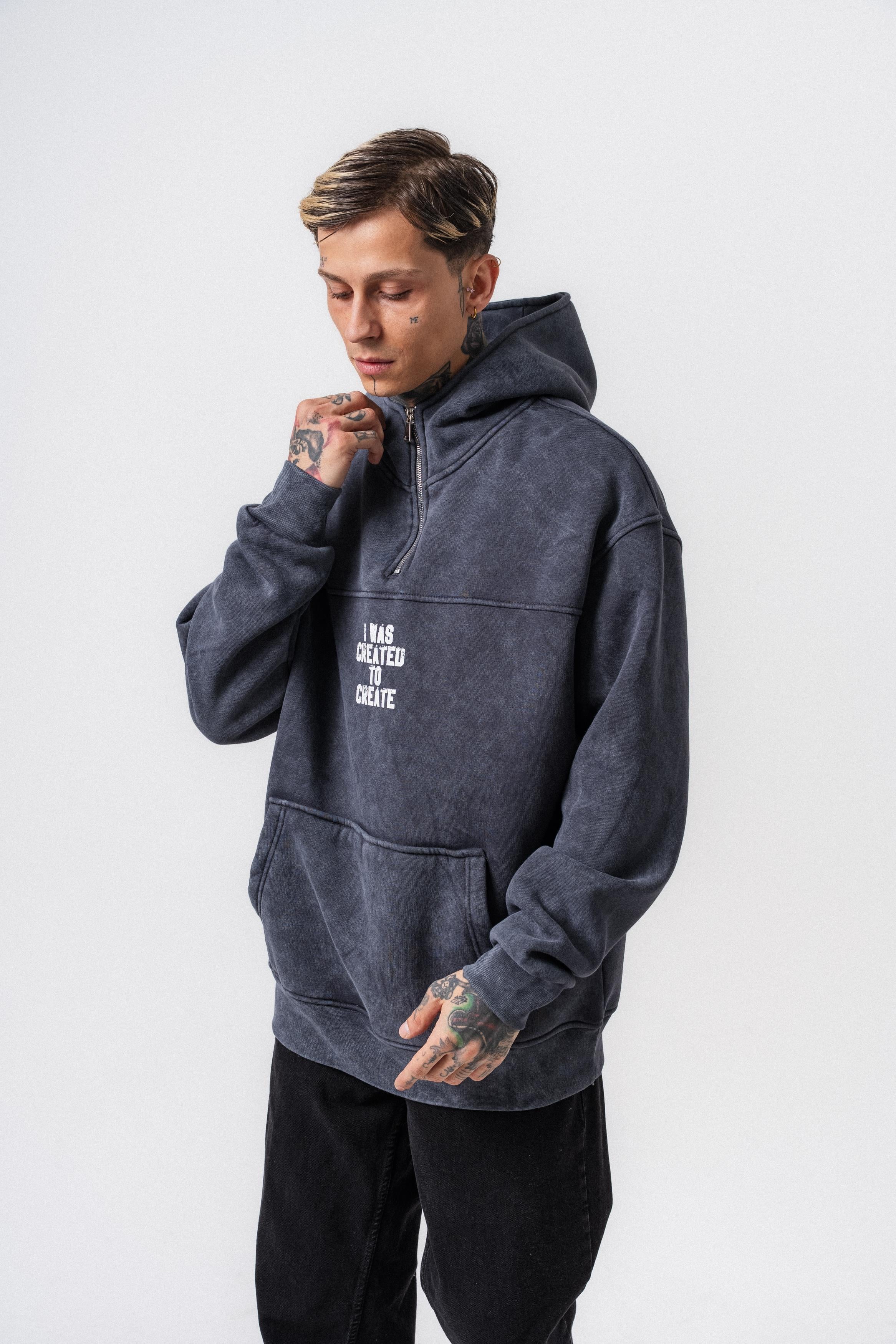 Erkek Create Baskılı Kapüşonlu Oversize Hoodie Füme