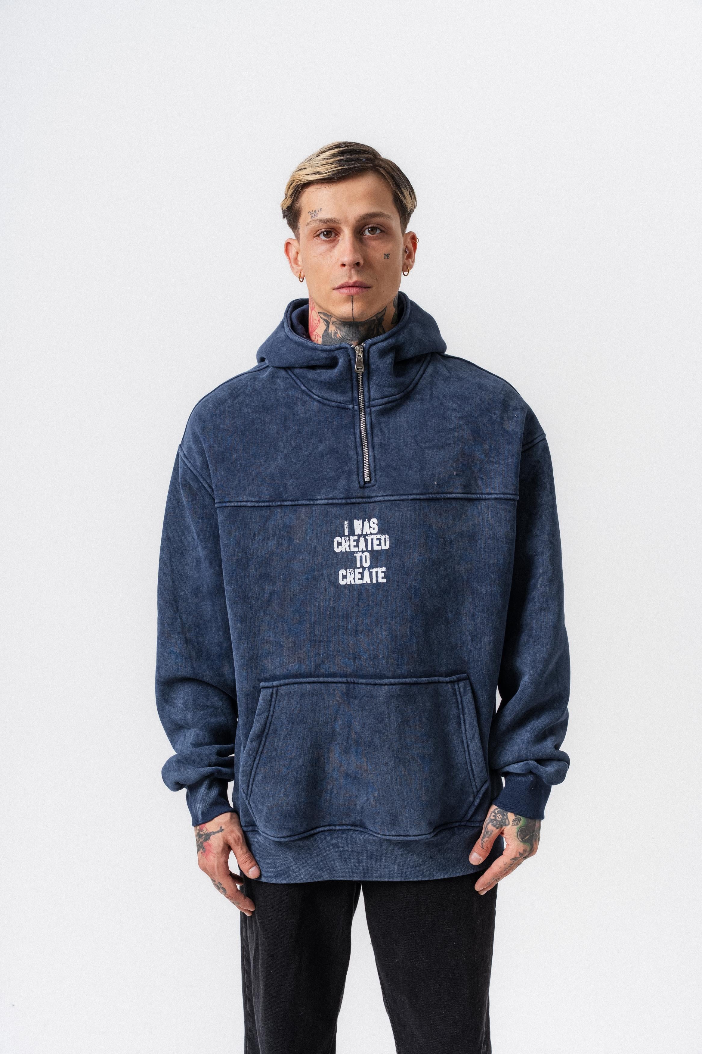 Erkek Create Baskılı Kapüşonlu Oversize Hoodie Lacivert