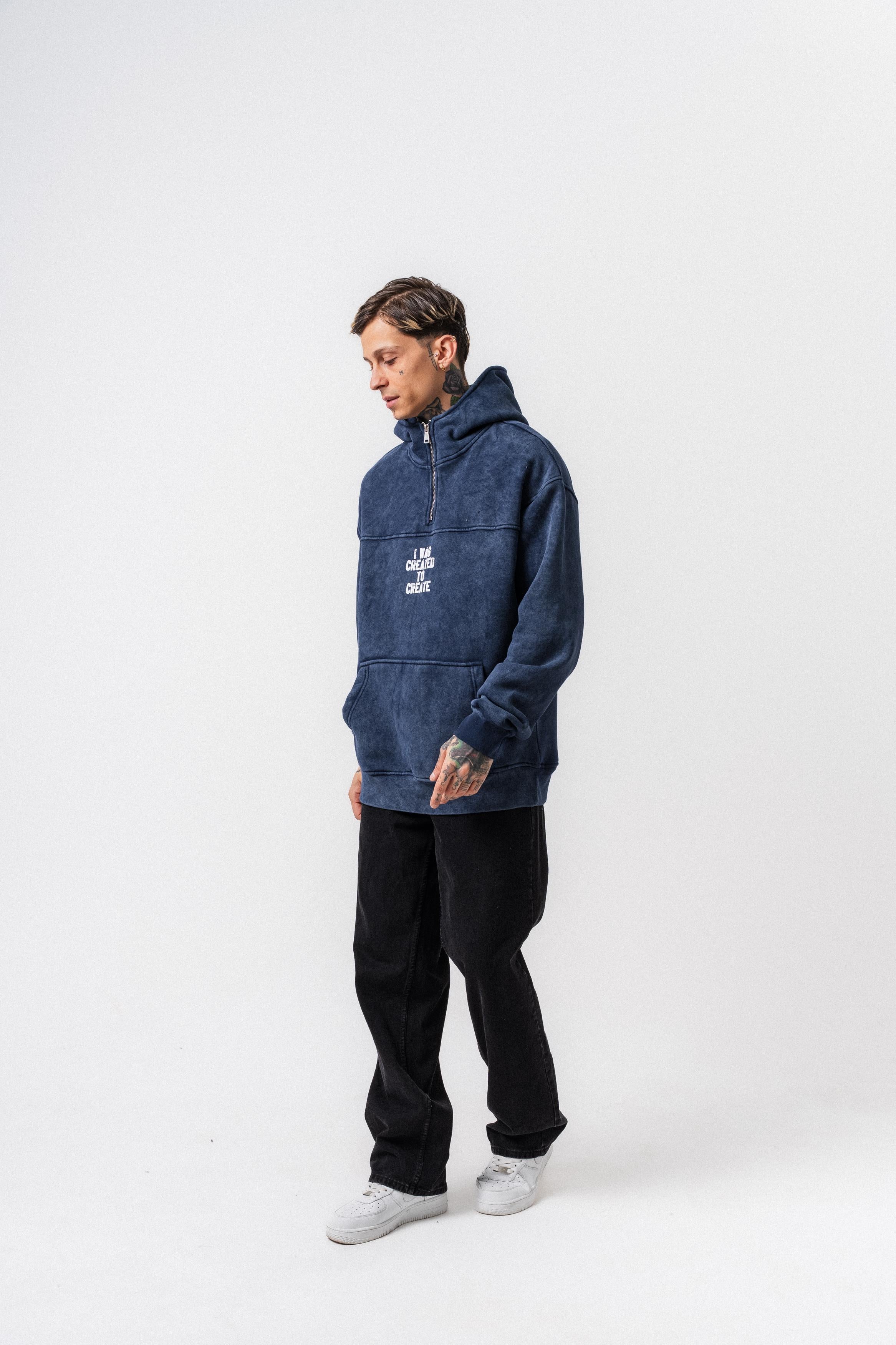 Erkek Create Baskılı Kapüşonlu Oversize Hoodie Lacivert