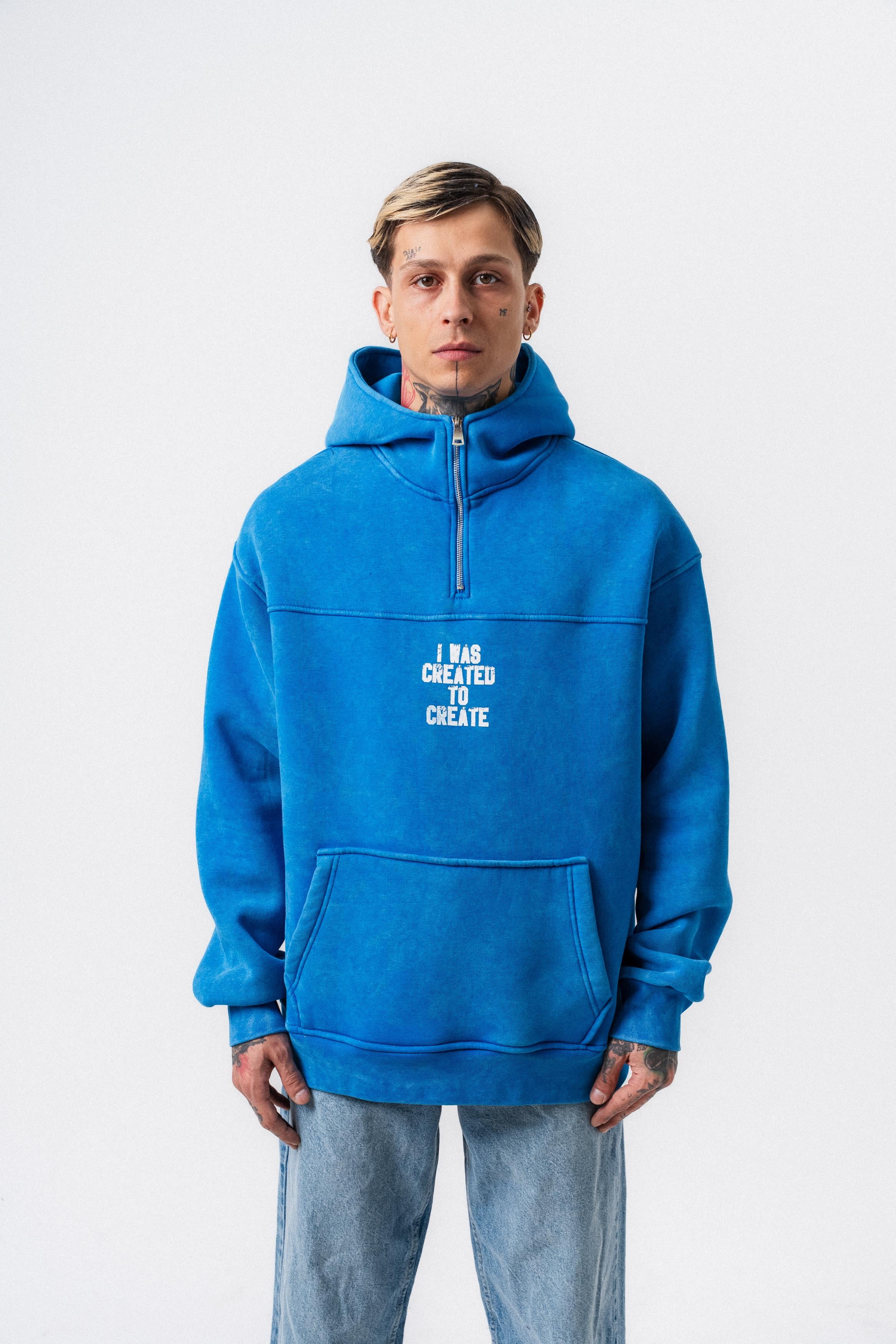 Erkek Create Baskılı Kapüşonlu Oversize Hoodie Mavi