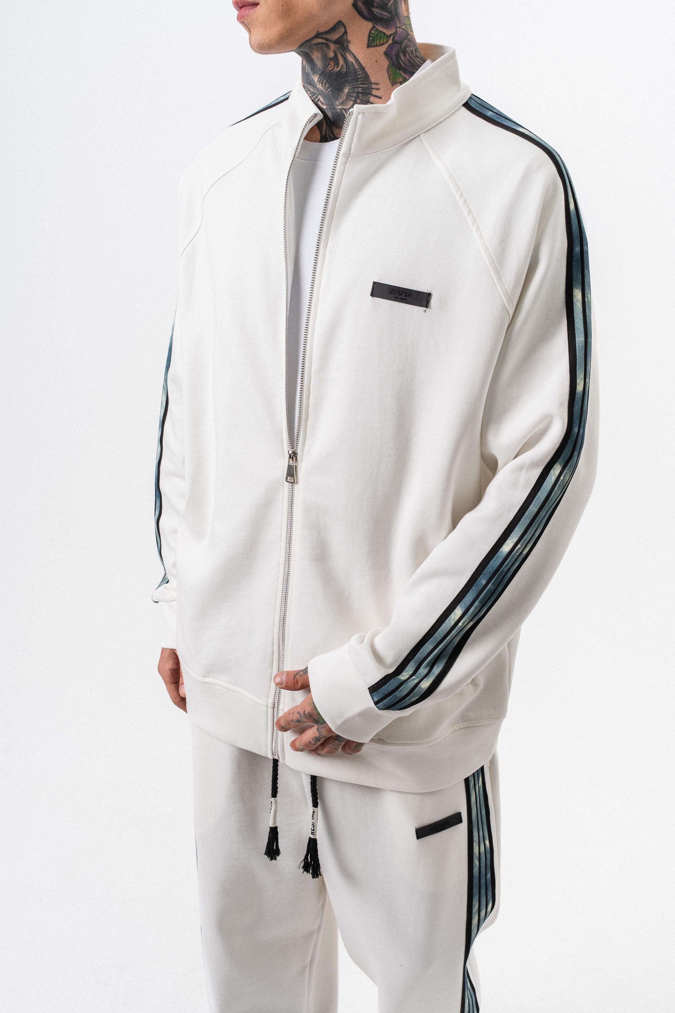 Erkek Dark Striped Şerit Detaylı Dik Yaka Doubleface Zip Oversize Sweatshirt Ekru