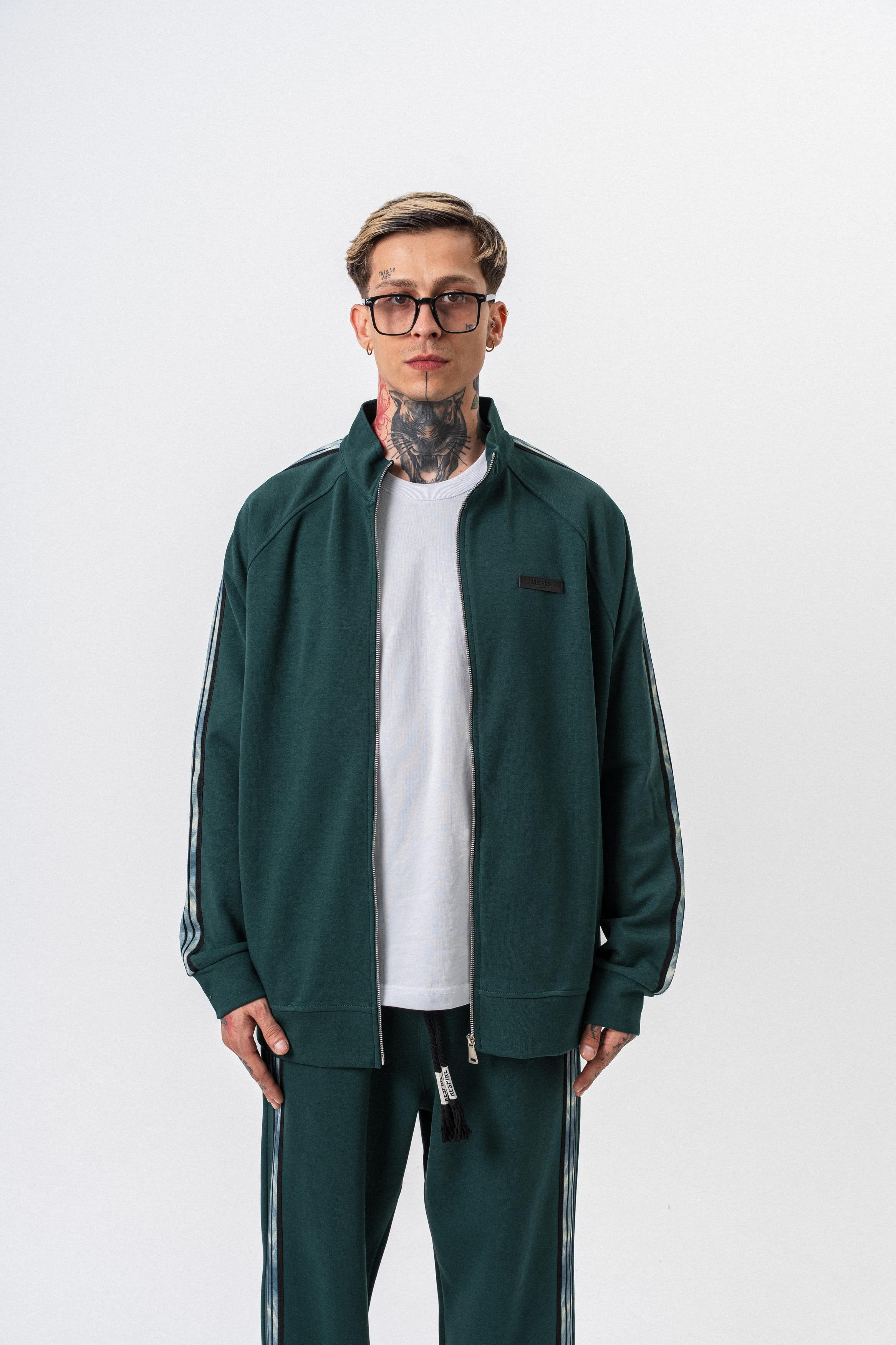 Erkek Dark Striped Şerit Detaylı Dik Yaka Doubleface Zip Oversize Sweatshirt Nefti