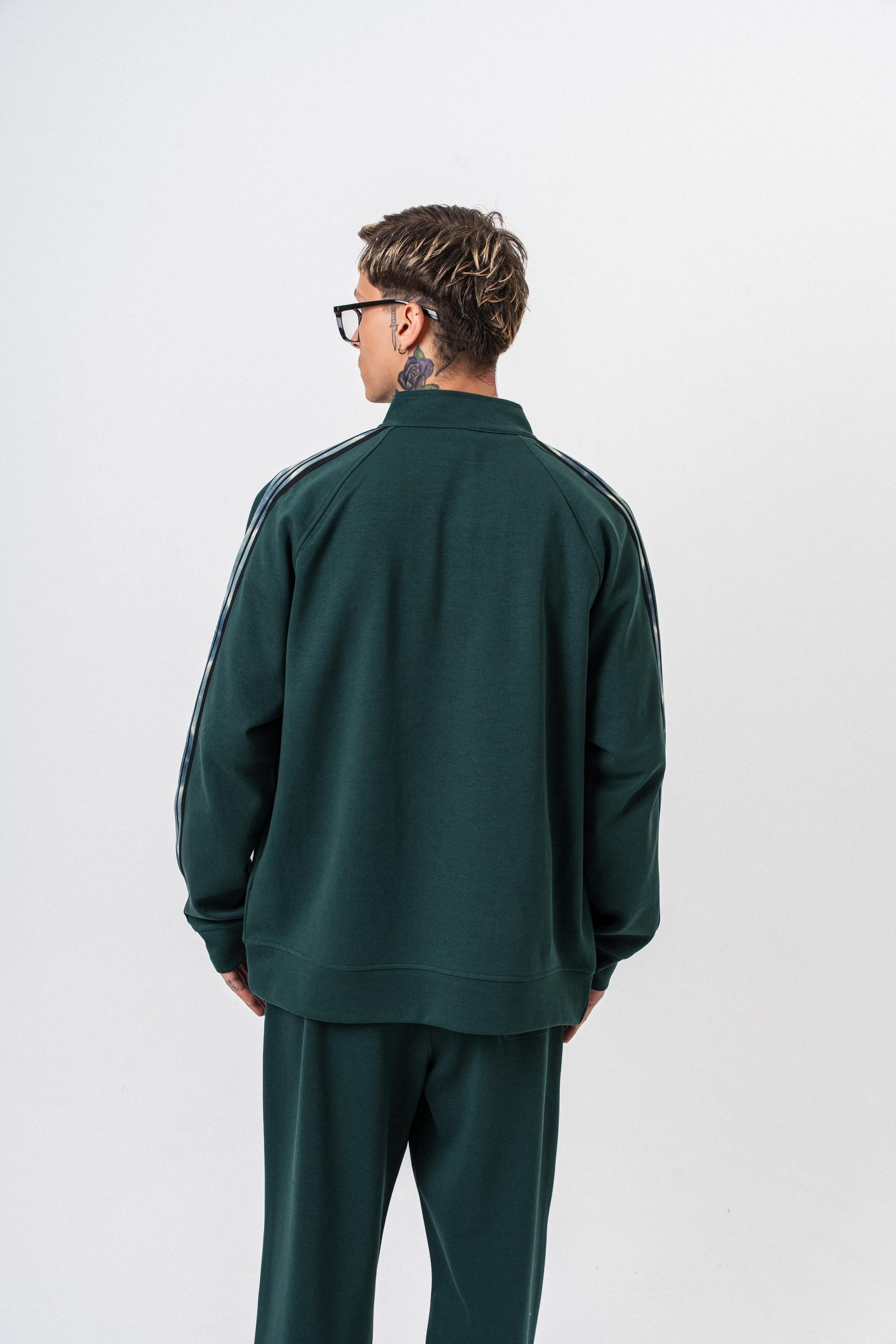 Erkek Dark Striped Şerit Detaylı Dik Yaka Doubleface Zip Oversize Sweatshirt Nefti