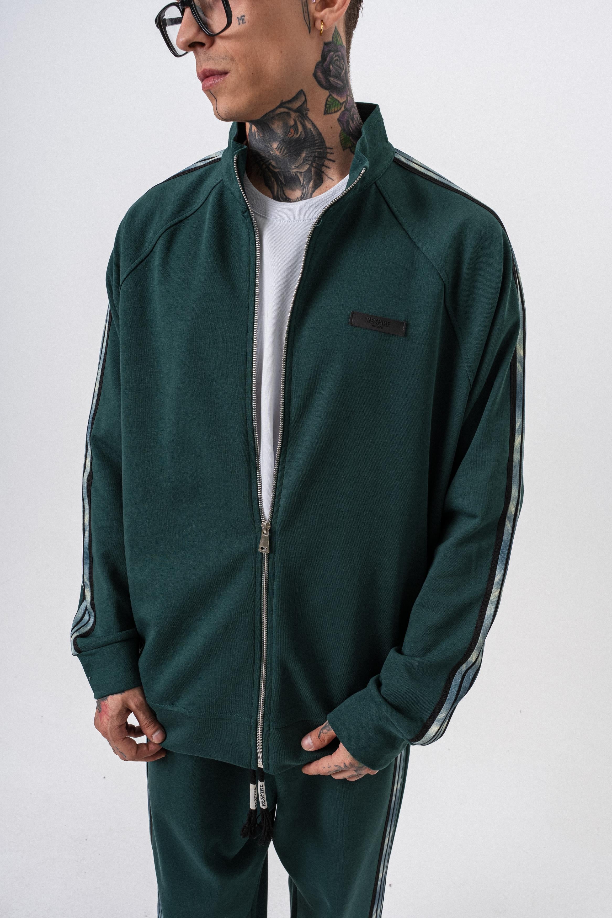 Erkek Dark Striped Şerit Detaylı Dik Yaka Doubleface Zip Oversize Sweatshirt Nefti