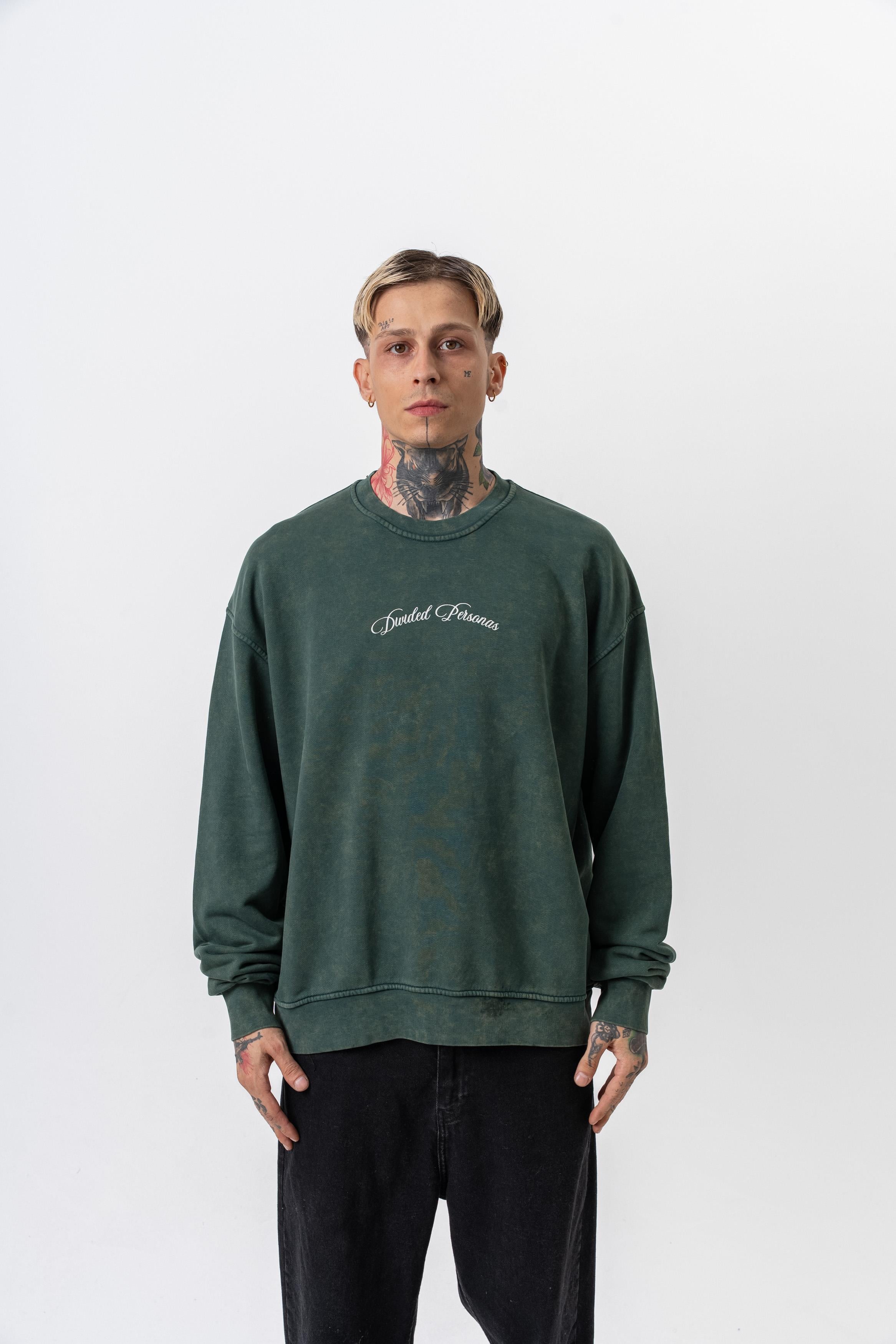 Erkek Divided Baskılı Yıkamalı Bisiklet Yaka Oversize Sweatshirt Yeşil