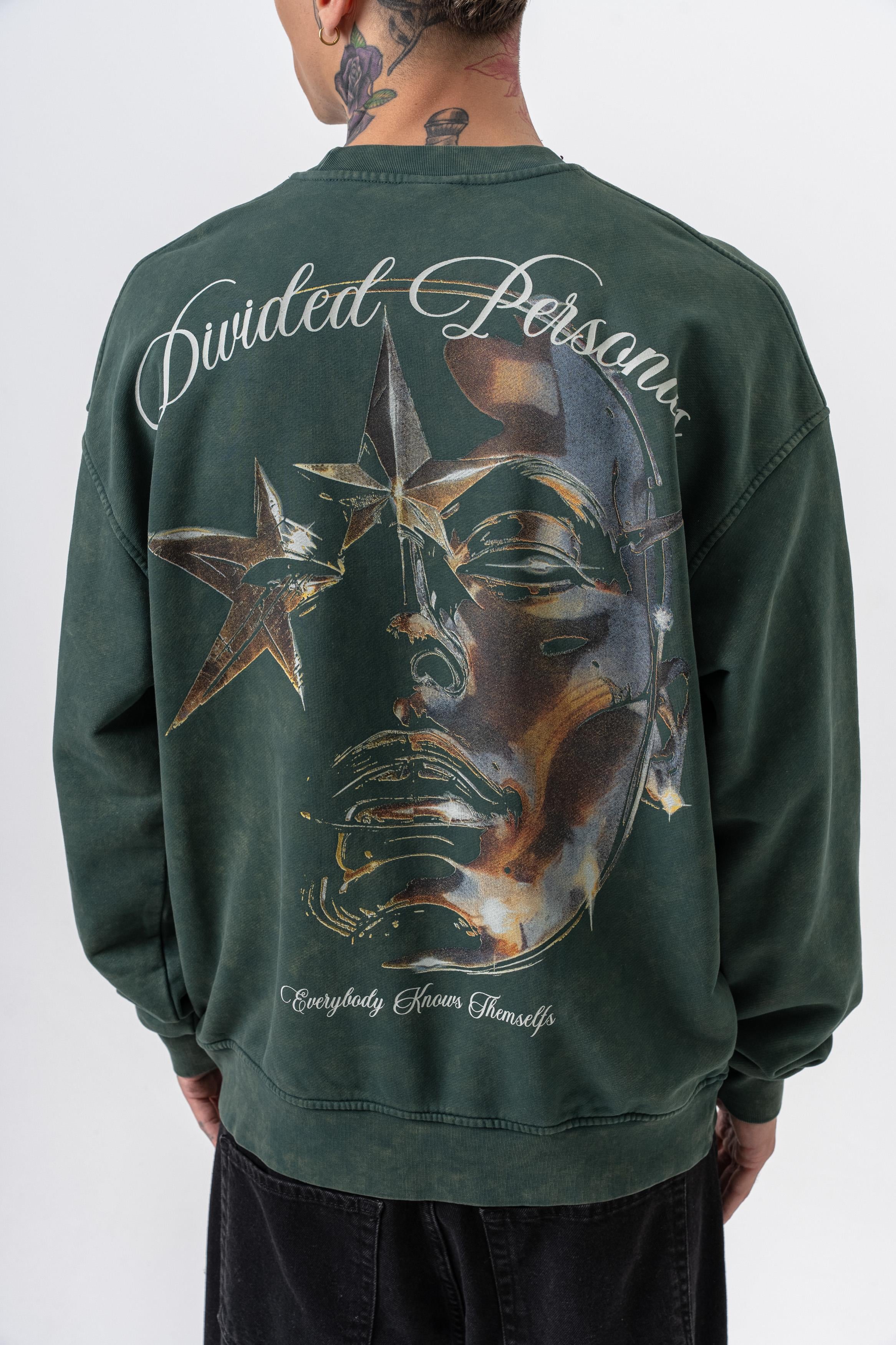 Erkek Divided Baskılı Yıkamalı Bisiklet Yaka Oversize Sweatshirt Yeşil