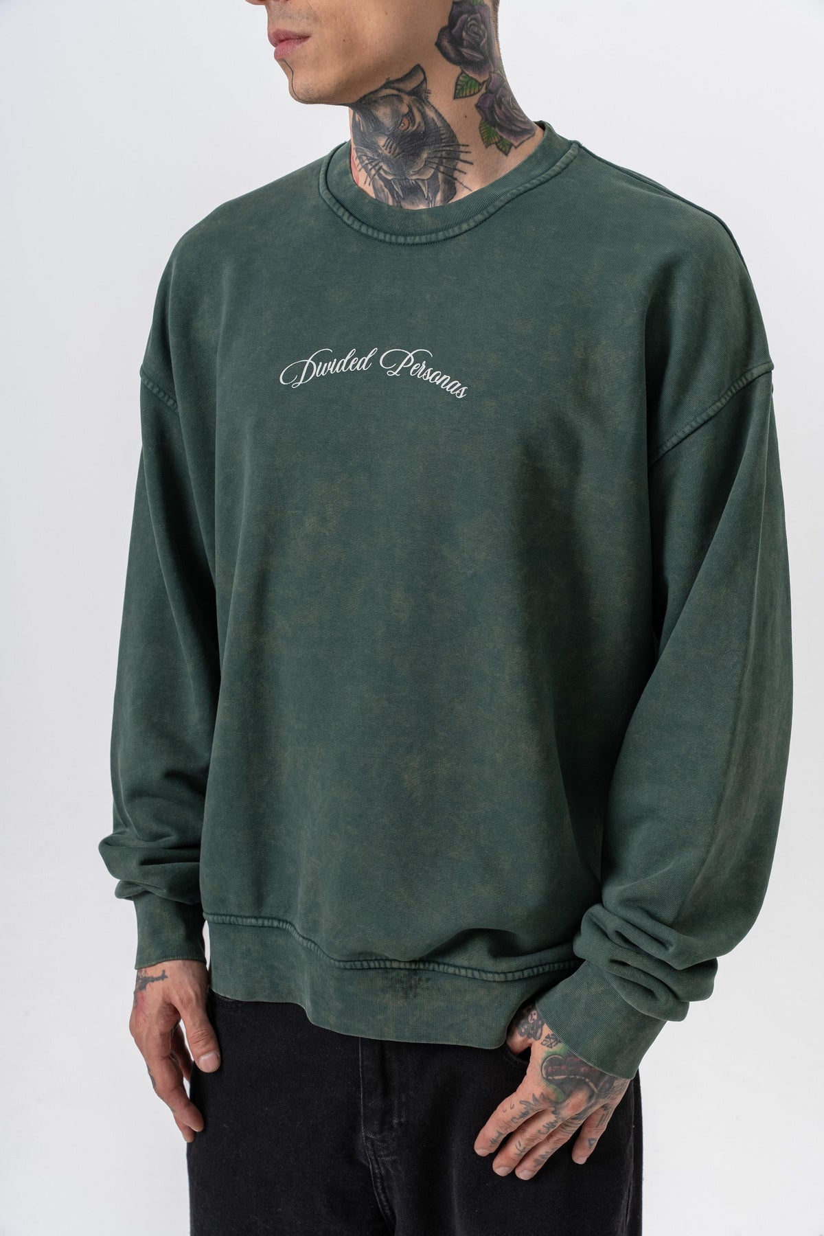 Erkek Divided Baskılı Yıkamalı Bisiklet Yaka Oversize Sweatshirt Yeşil