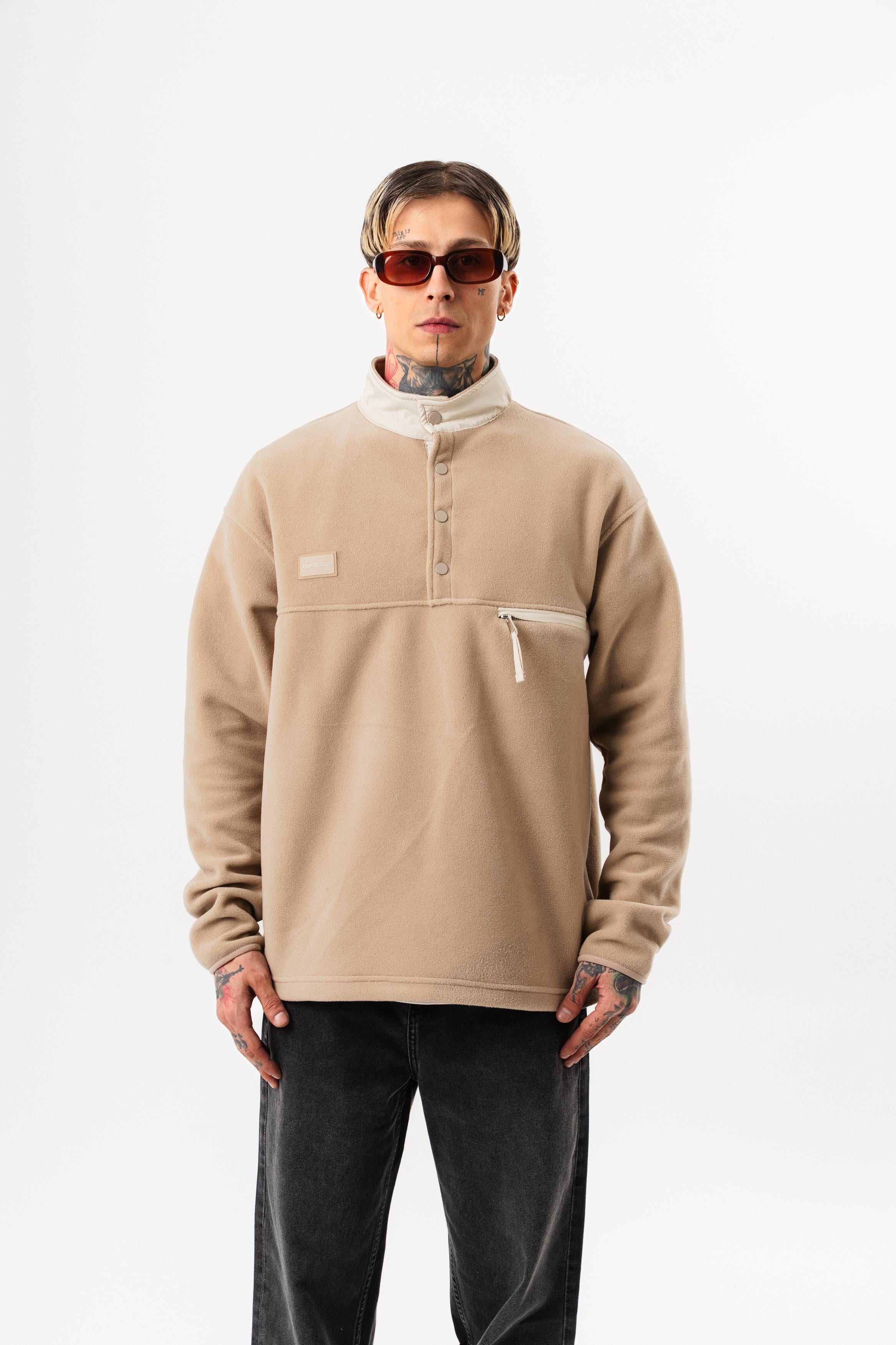 Erkek Düğme Detaylı Oversize Polar Sweatshirt Bej