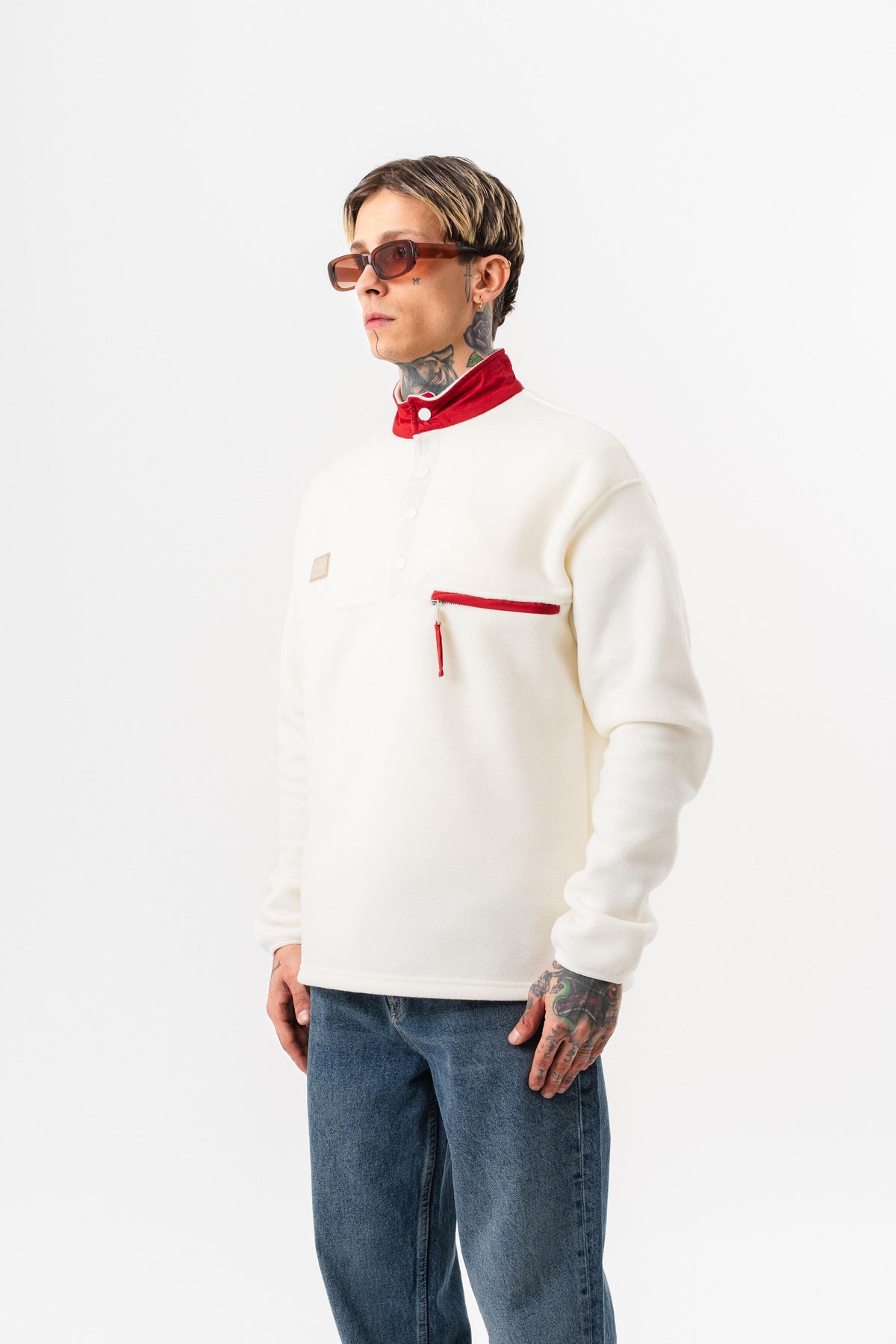 Erkek Düğme Detaylı Oversize Polar Sweatshirt Ekru