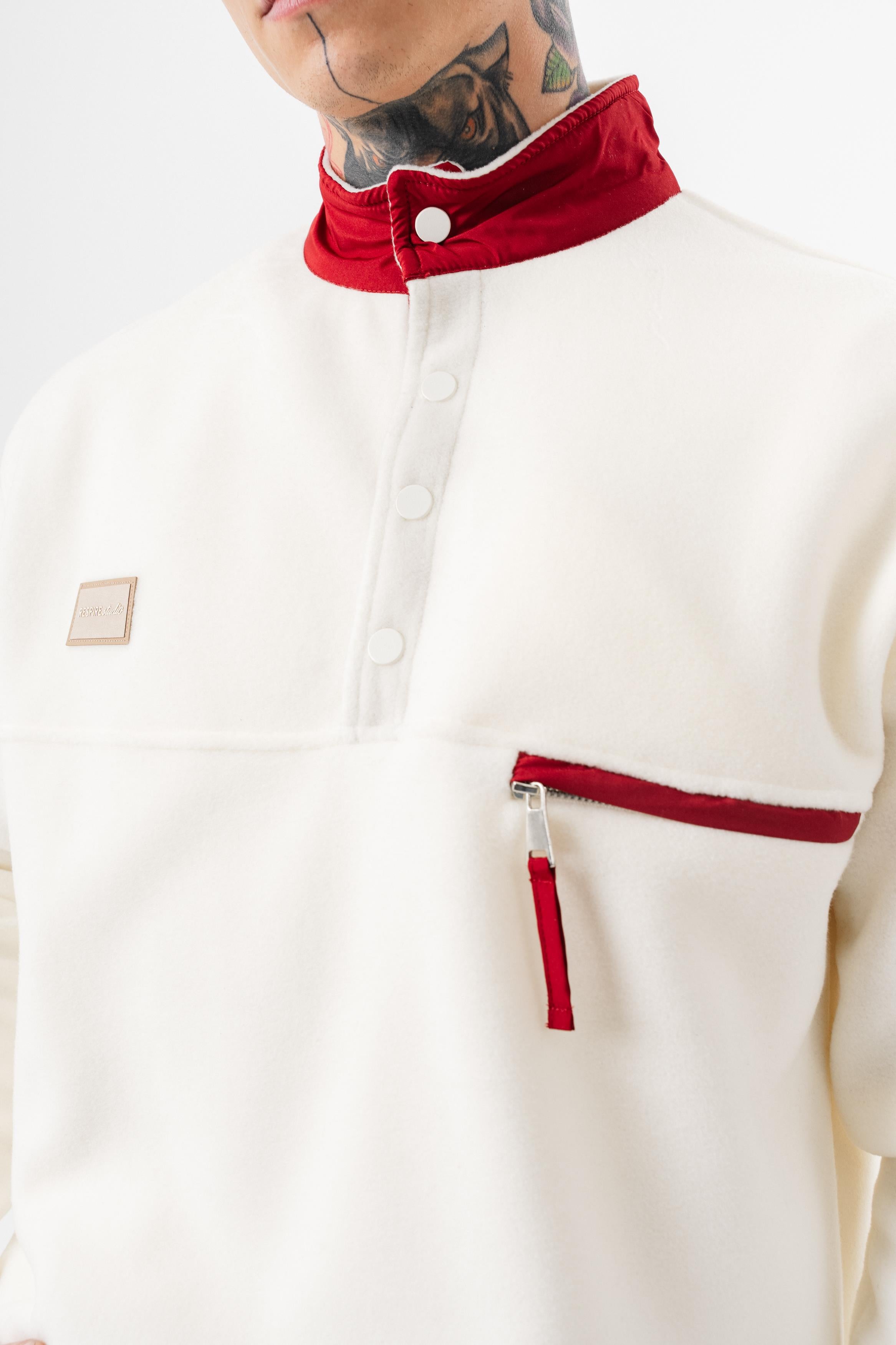 Erkek Düğme Detaylı Oversize Polar Sweatshirt Ekru