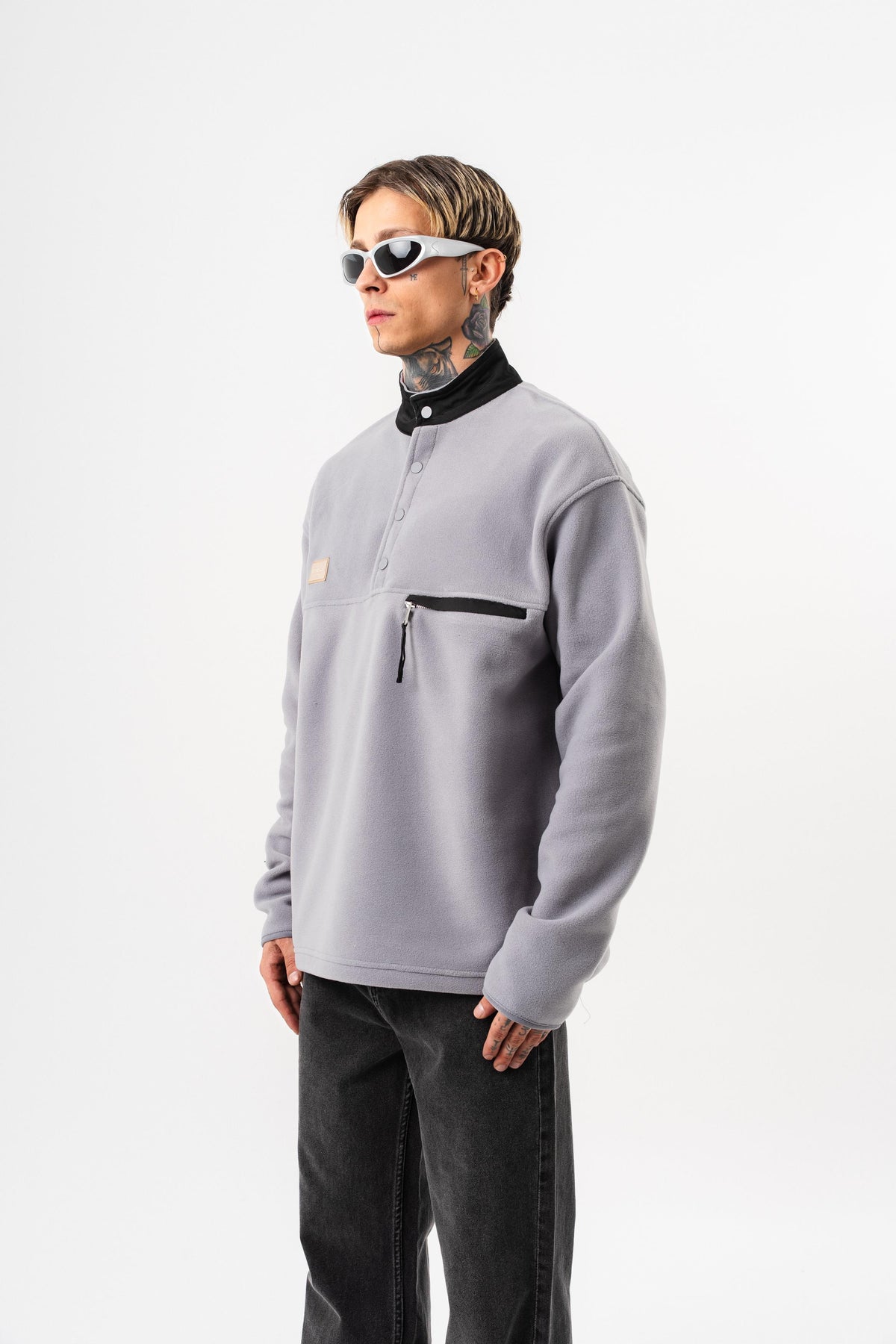 Erkek Düğme Detaylı Oversize Polar Sweatshirt Gri