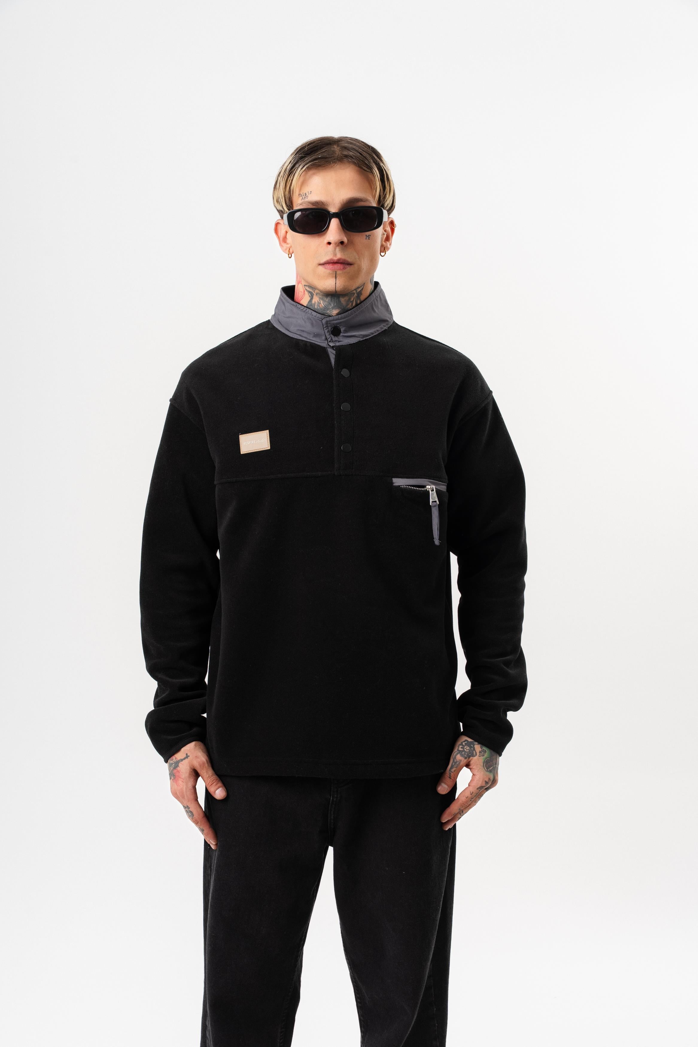 Erkek Düğme Detaylı Oversize Polar Sweatshirt Siyah