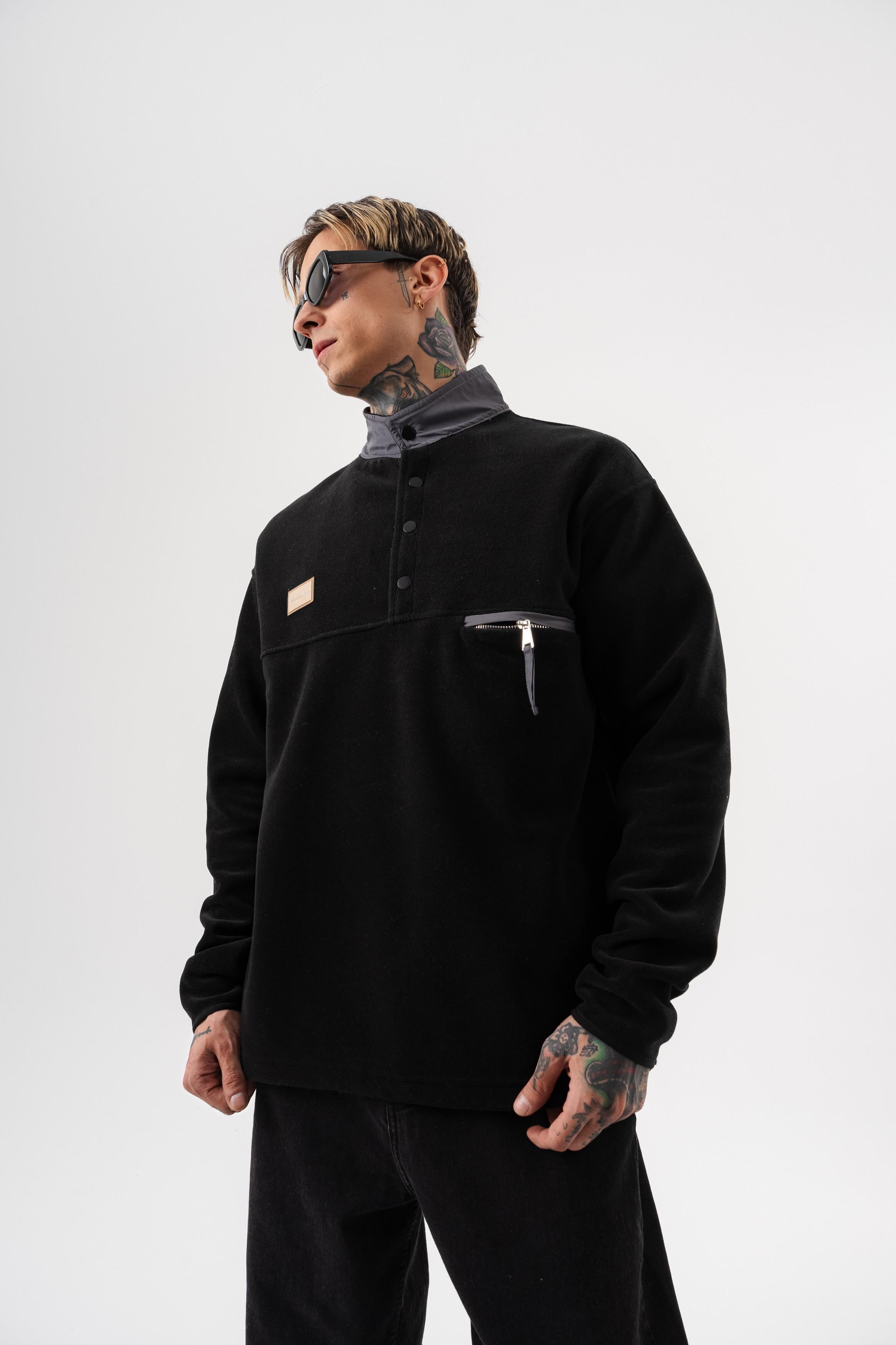 Erkek Düğme Detaylı Oversize Polar Sweatshirt Siyah