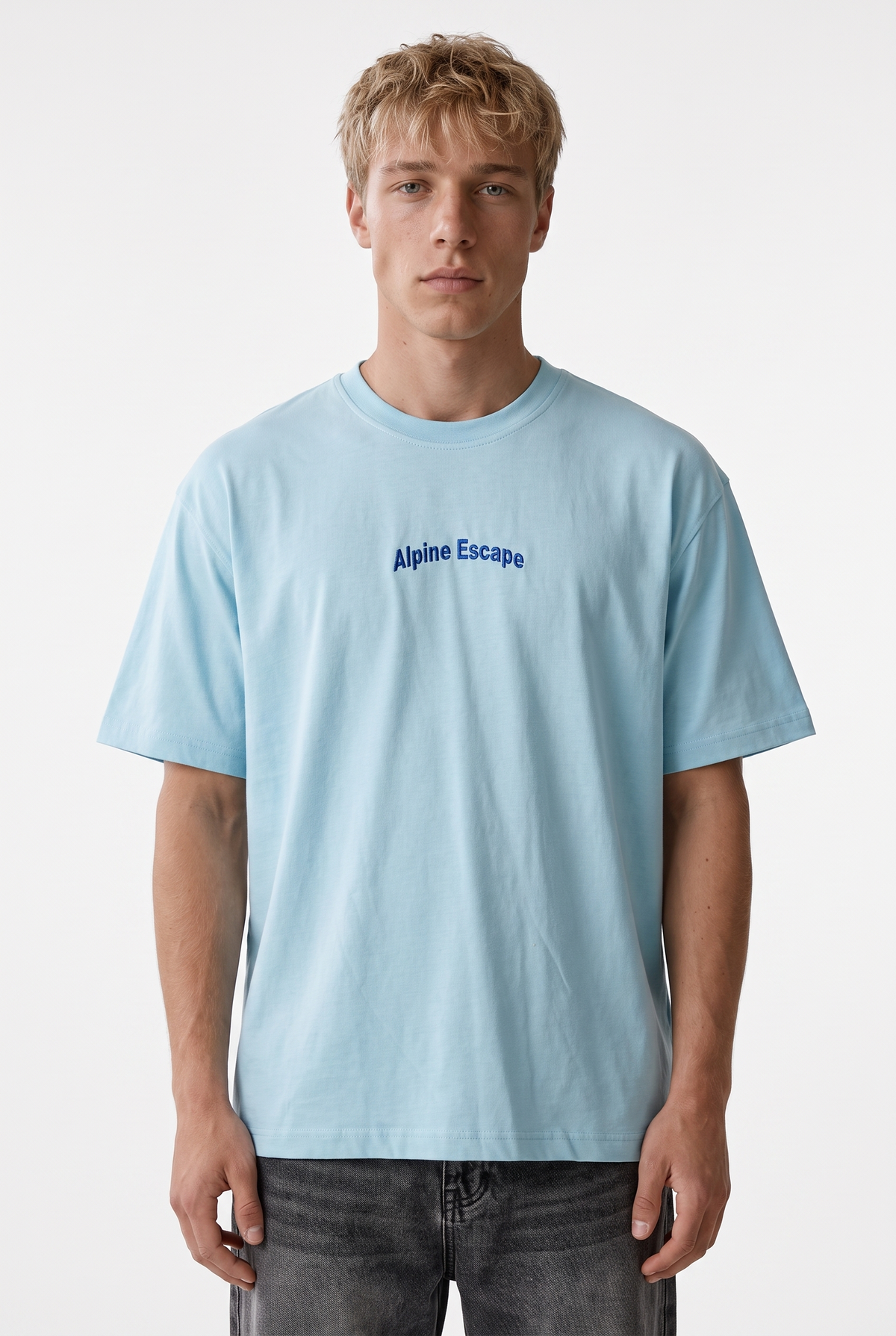 Erkek Alpine Nakışlı Oversize T-Shirt Bebe Mavi