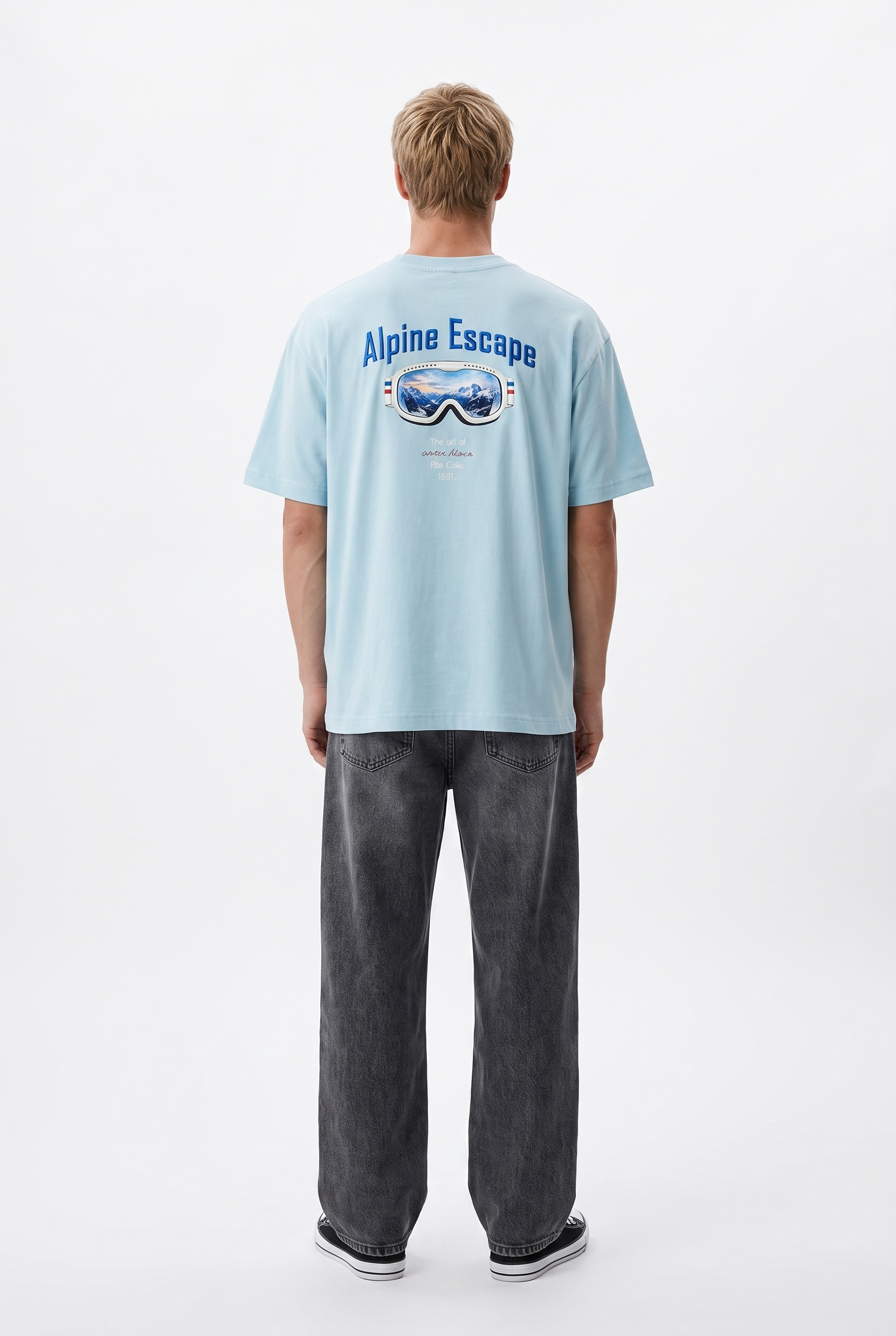 Erkek Alpine Nakışlı Oversize T-Shirt Bebe Mavi