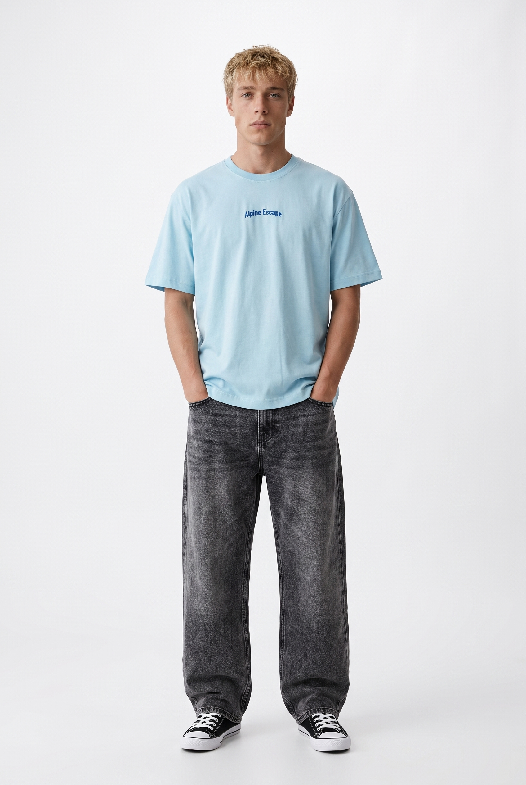 Erkek Alpine Nakışlı Oversize T-Shirt Bebe Mavi