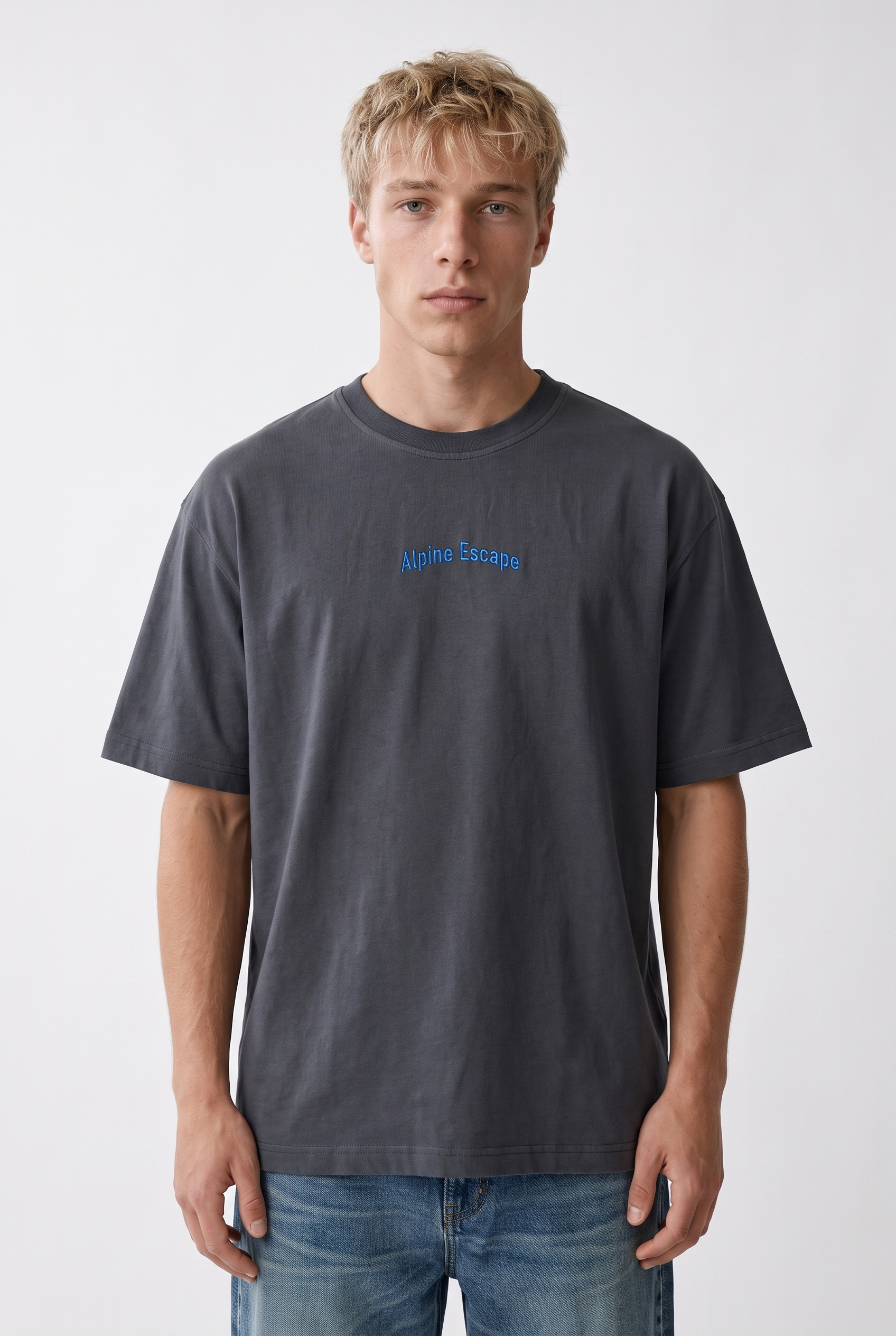 Erkek Alpine Nakışlı Oversize T-Shirt Füme