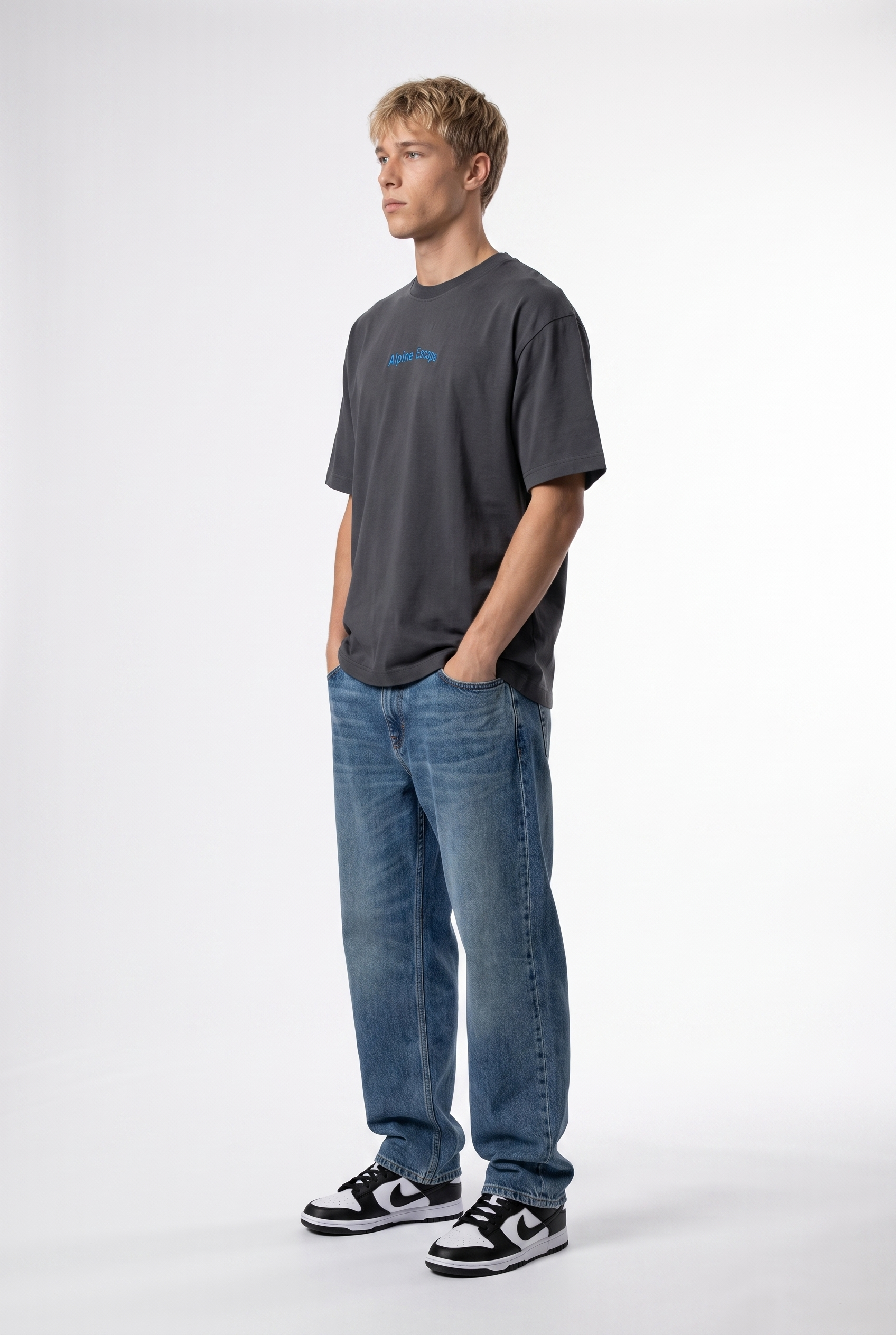 Erkek Alpine Nakışlı Oversize T-Shirt Füme