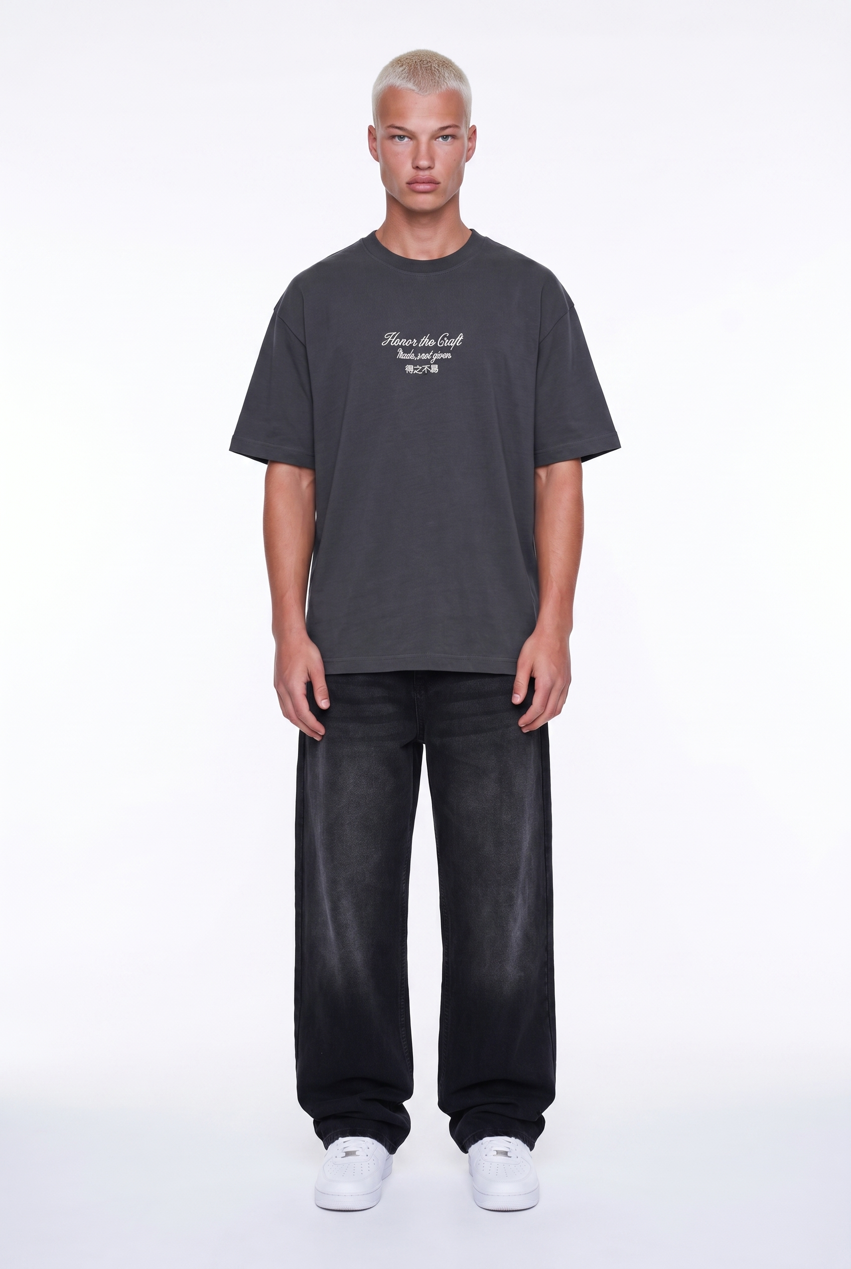 Erkek Craft Nakış Detaylı Oversize T-Shirt Füme