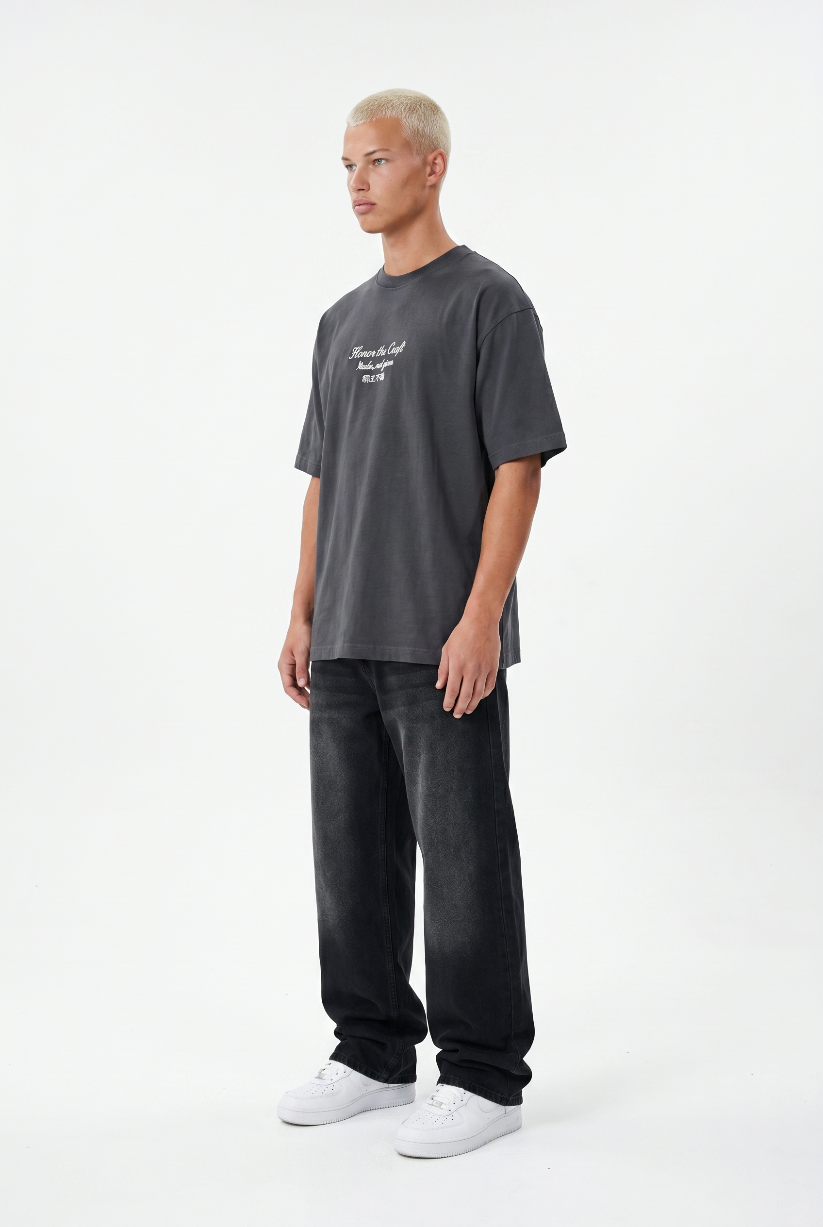 Erkek Craft Nakış Detaylı Oversize T-Shirt Füme