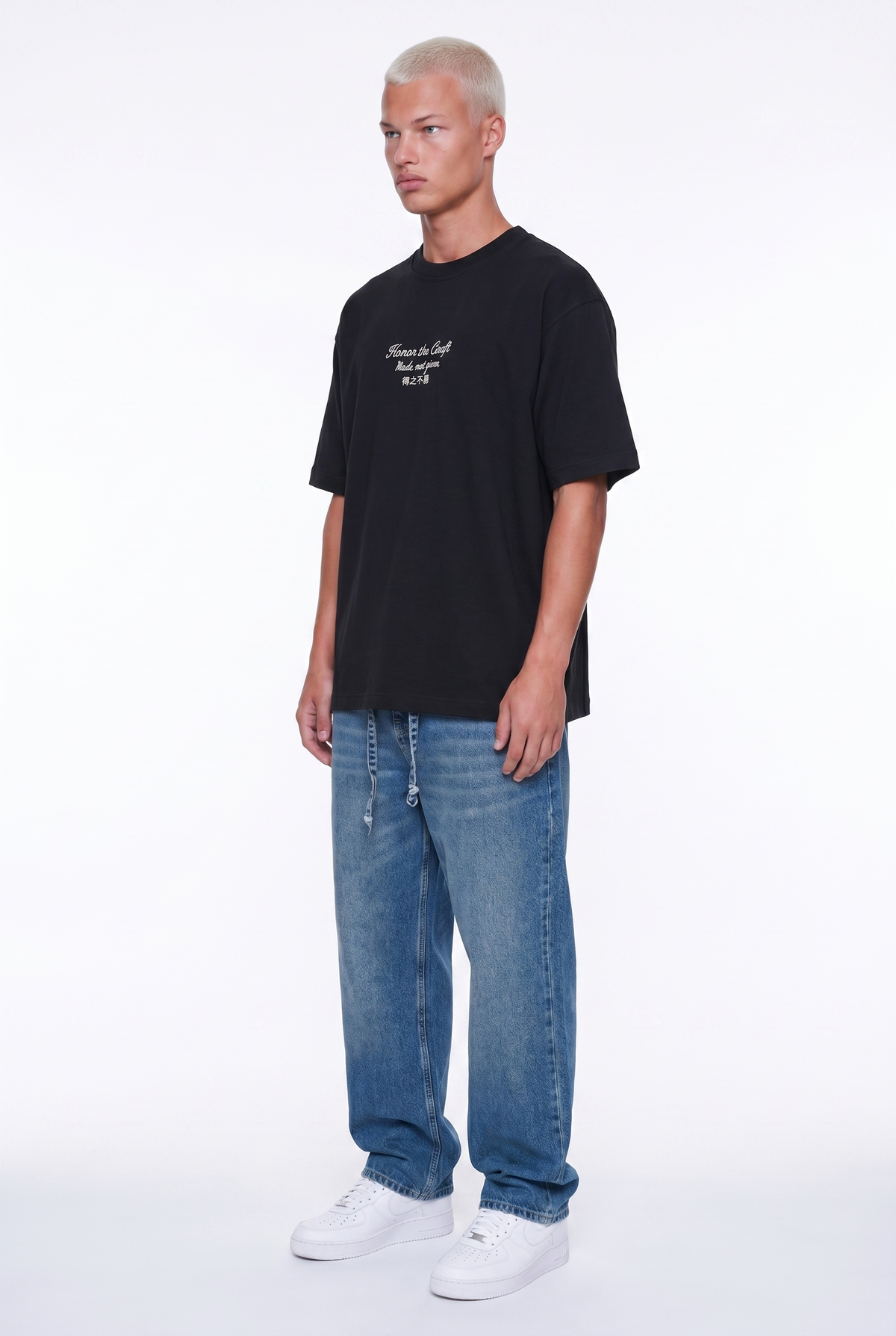 Erkek Craft Nakış Detaylı Oversize T-Shirt Siyah