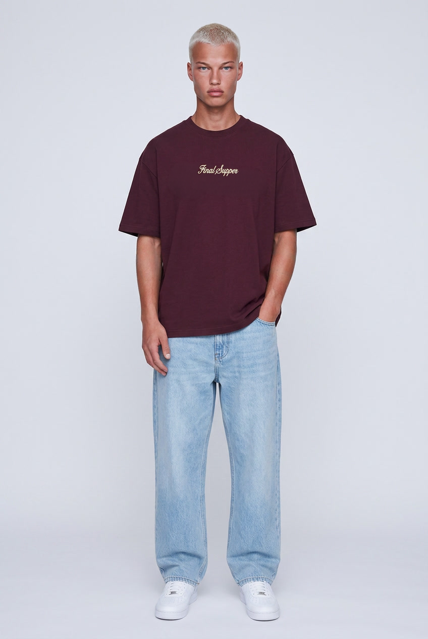 Erkek Final Supper Nakışlı Oversize T-Shirt Bordo