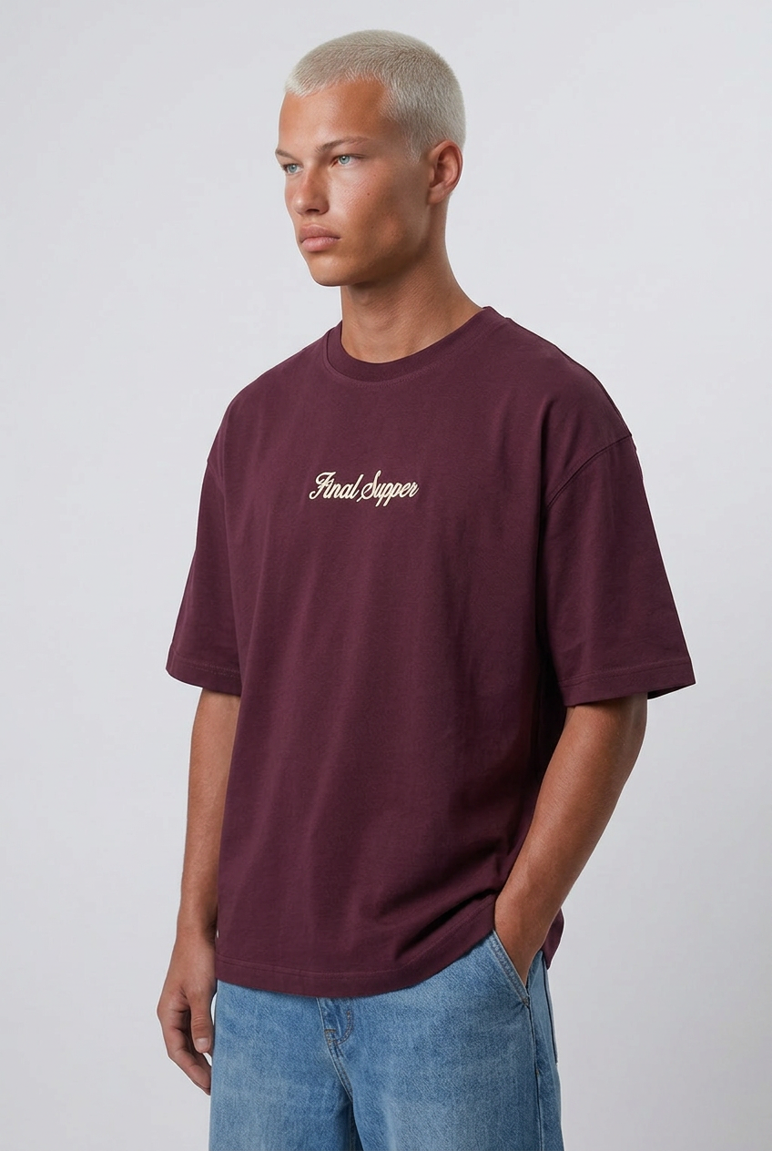 Erkek Final Supper Nakışlı Oversize T-Shirt Bordo