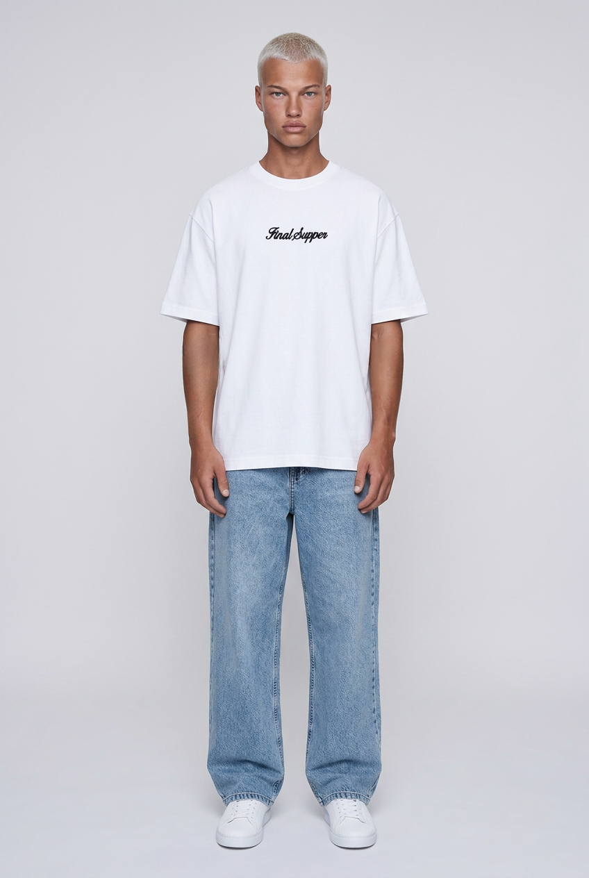 Erkek Final Supper Nakışlı Oversize T-Shirt Ekru