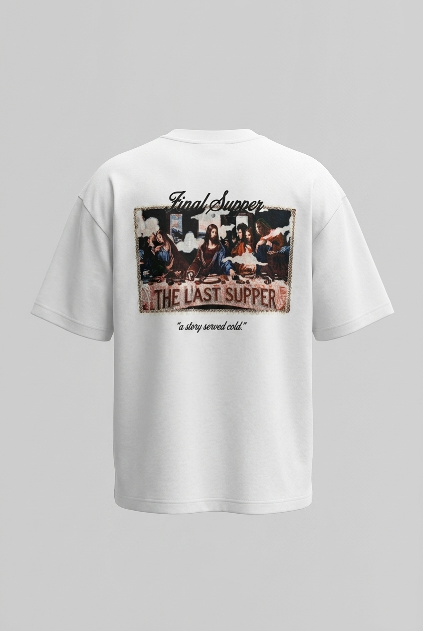 Erkek Final Supper Nakışlı Oversize T-Shirt Ekru