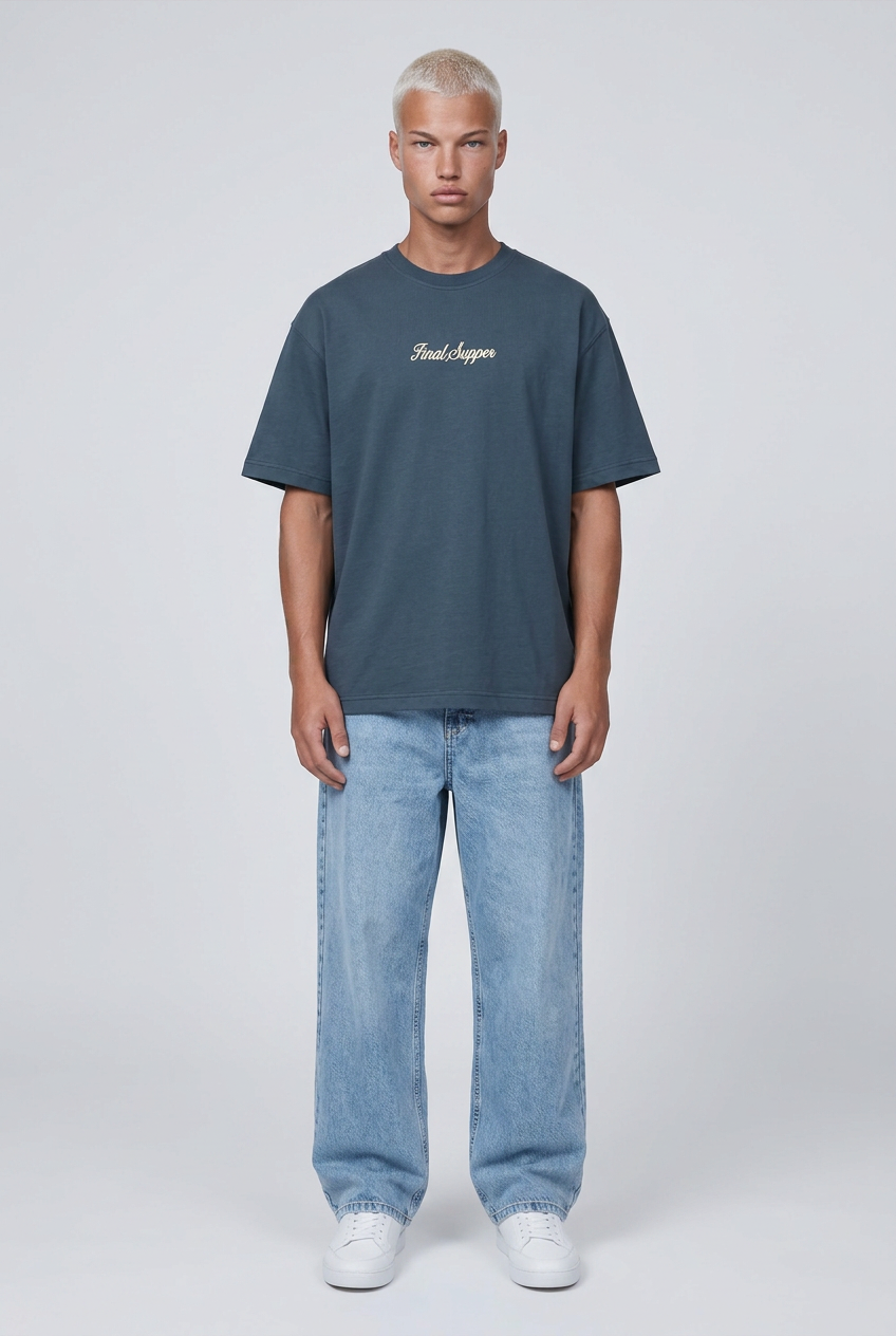Erkek Final Supper Nakışlı Oversize T-Shirt Petrol
