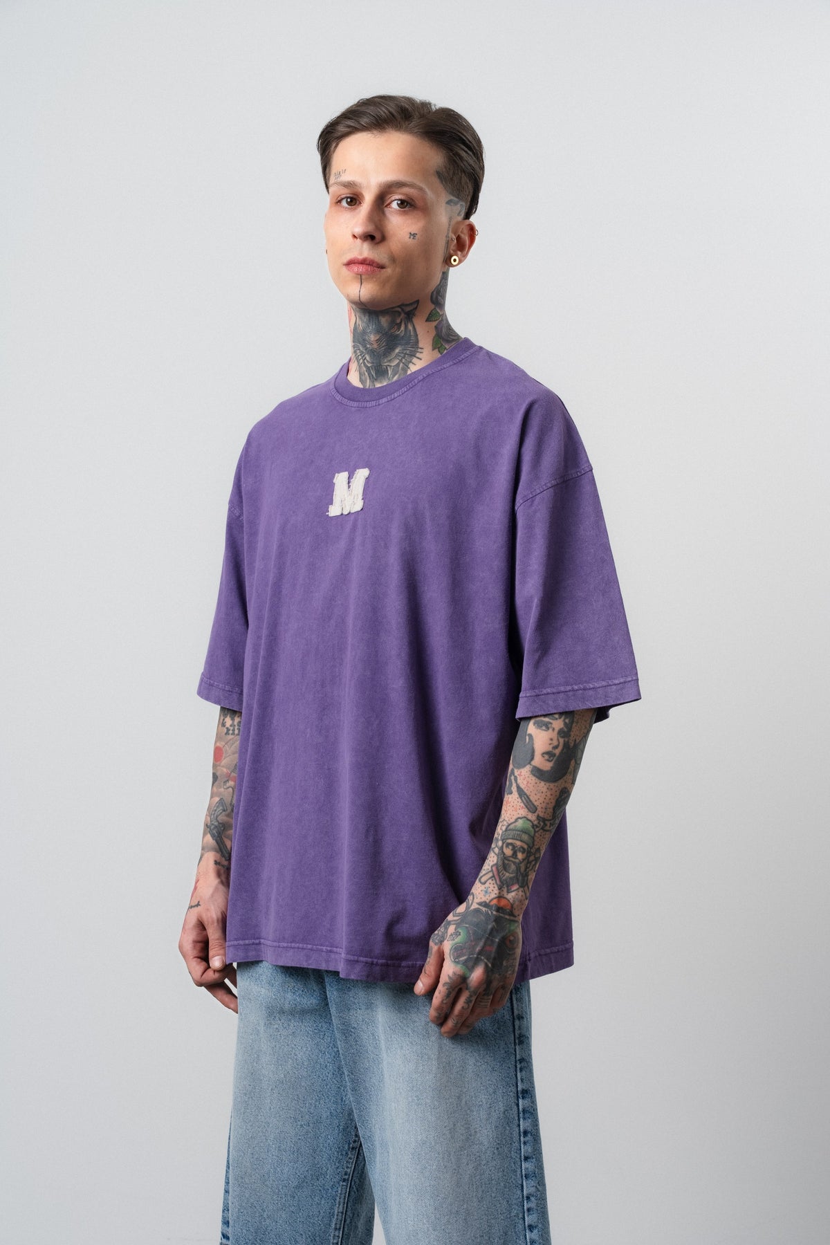 Erkek Mercy Nakışlı Yıkamalı Oversize T-Shirt Mor