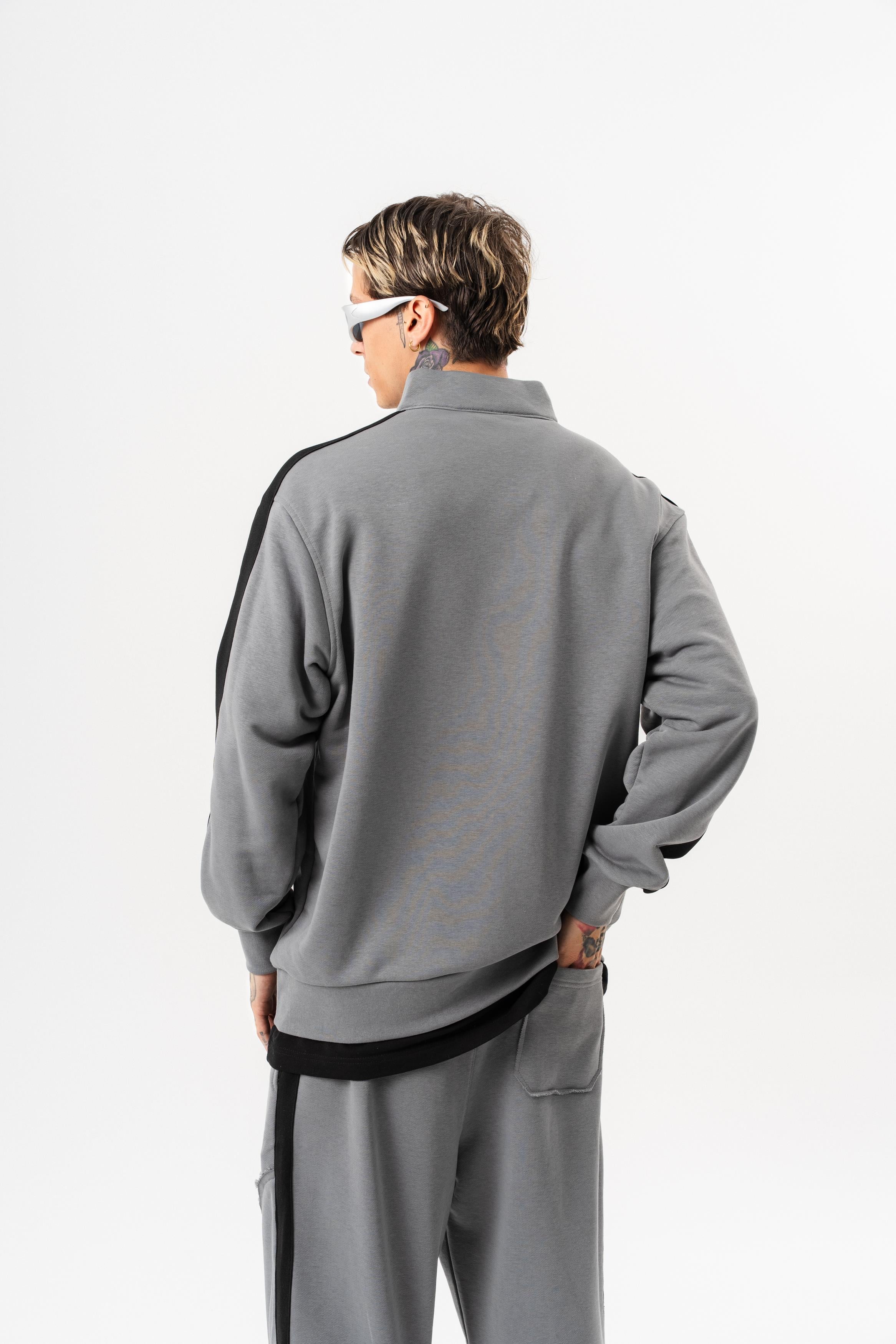 Erkek Pis Dikiş Detaylı Yarım Fermuarlı Diagonel Sweatshirt Gri