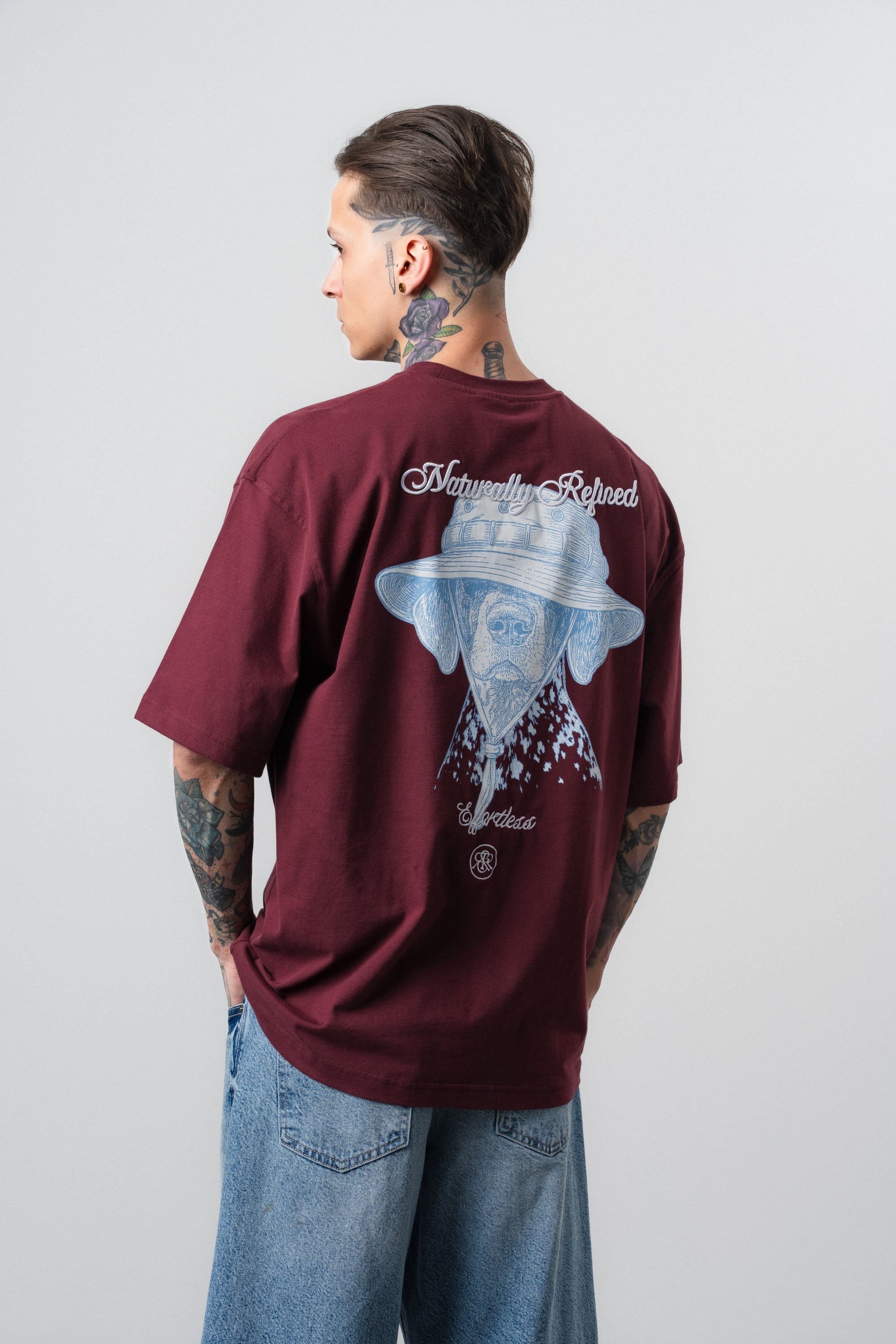 Erkek Refined Baskılı Oversize T-Shirt Bordo