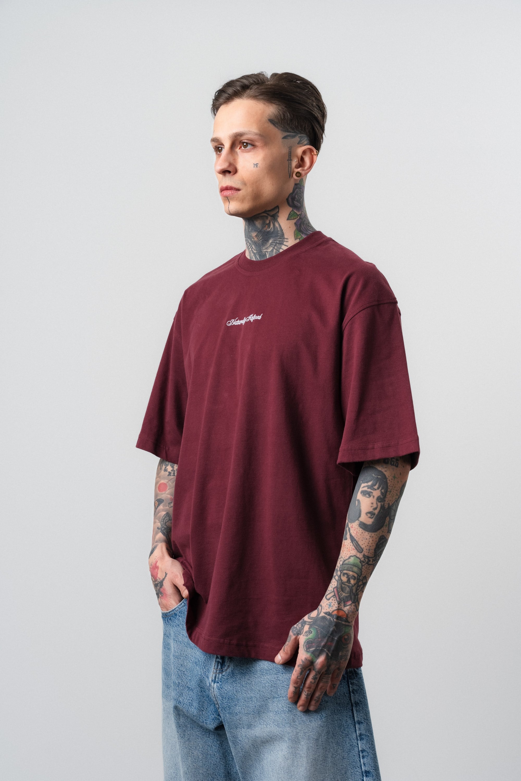 Erkek Refined Baskılı Oversize T-Shirt Bordo