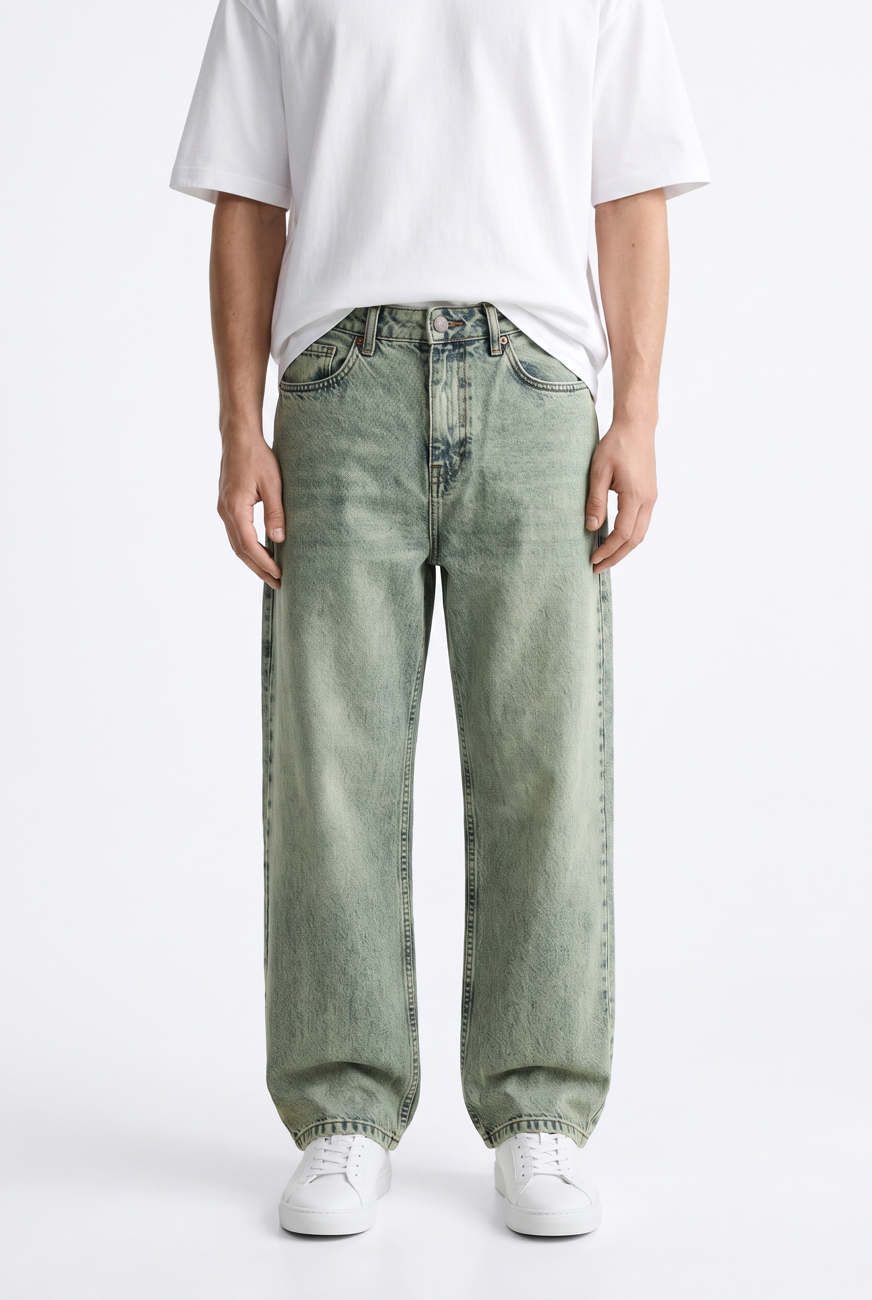 Erkek Washed Basic Baggy Jean Yeşil