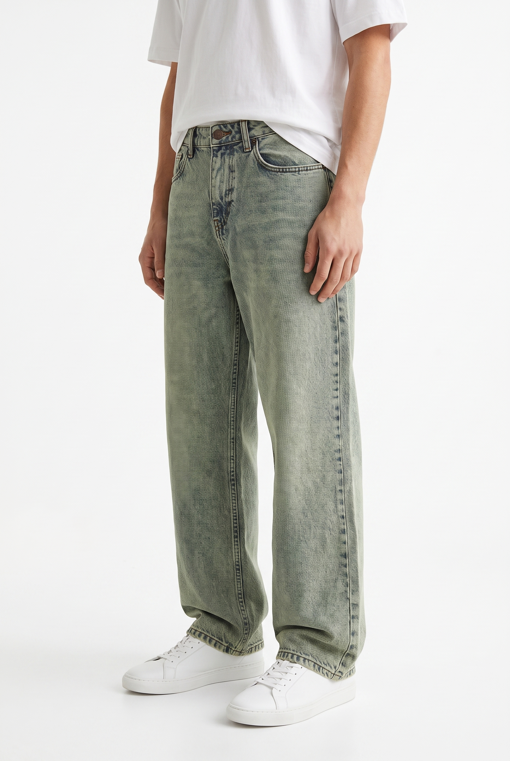 Erkek Washed Basic Baggy Jean Yeşil