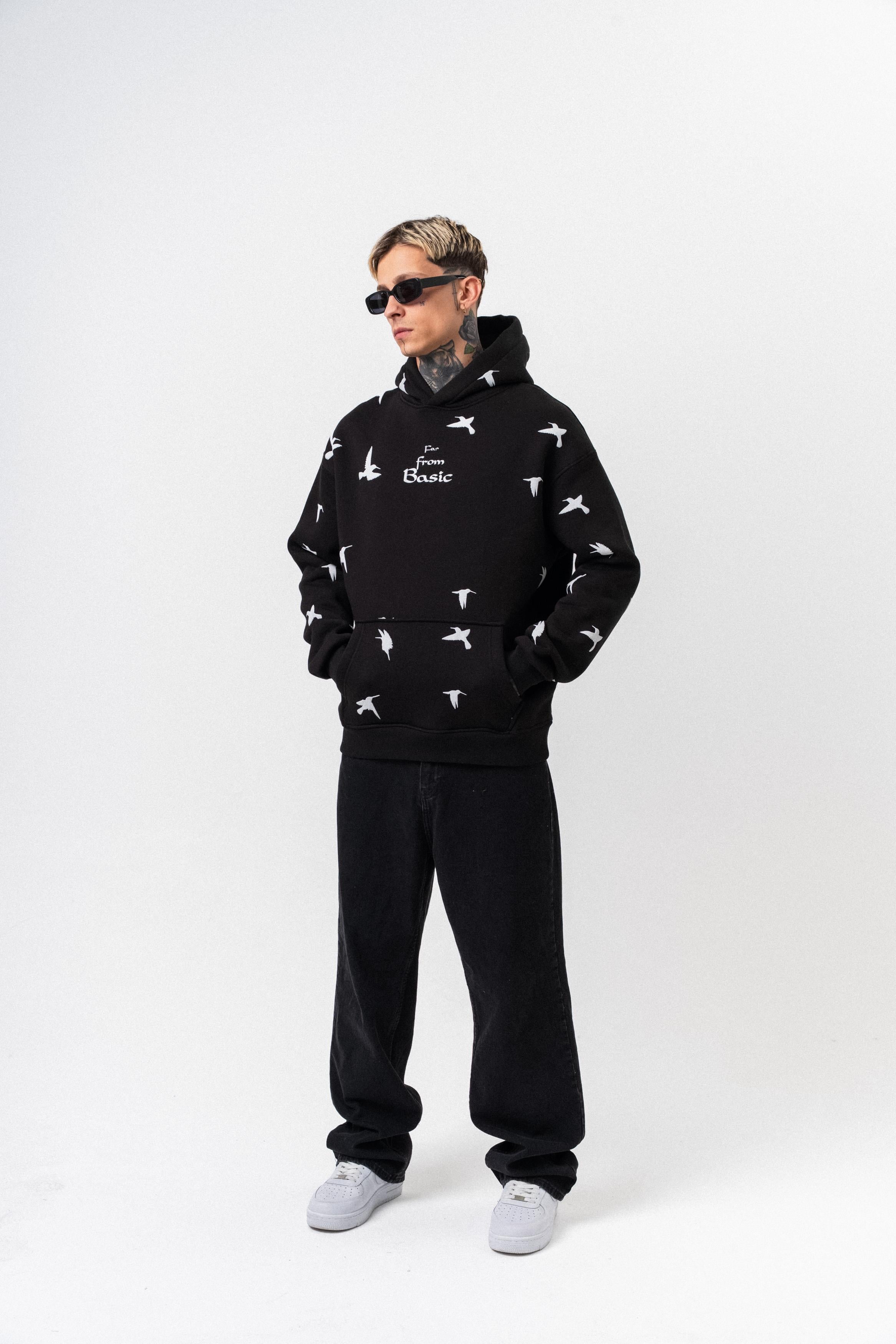 Erkek Far From Basic Baskılı Kapüşonlu Oversize Hoodie Siyah
