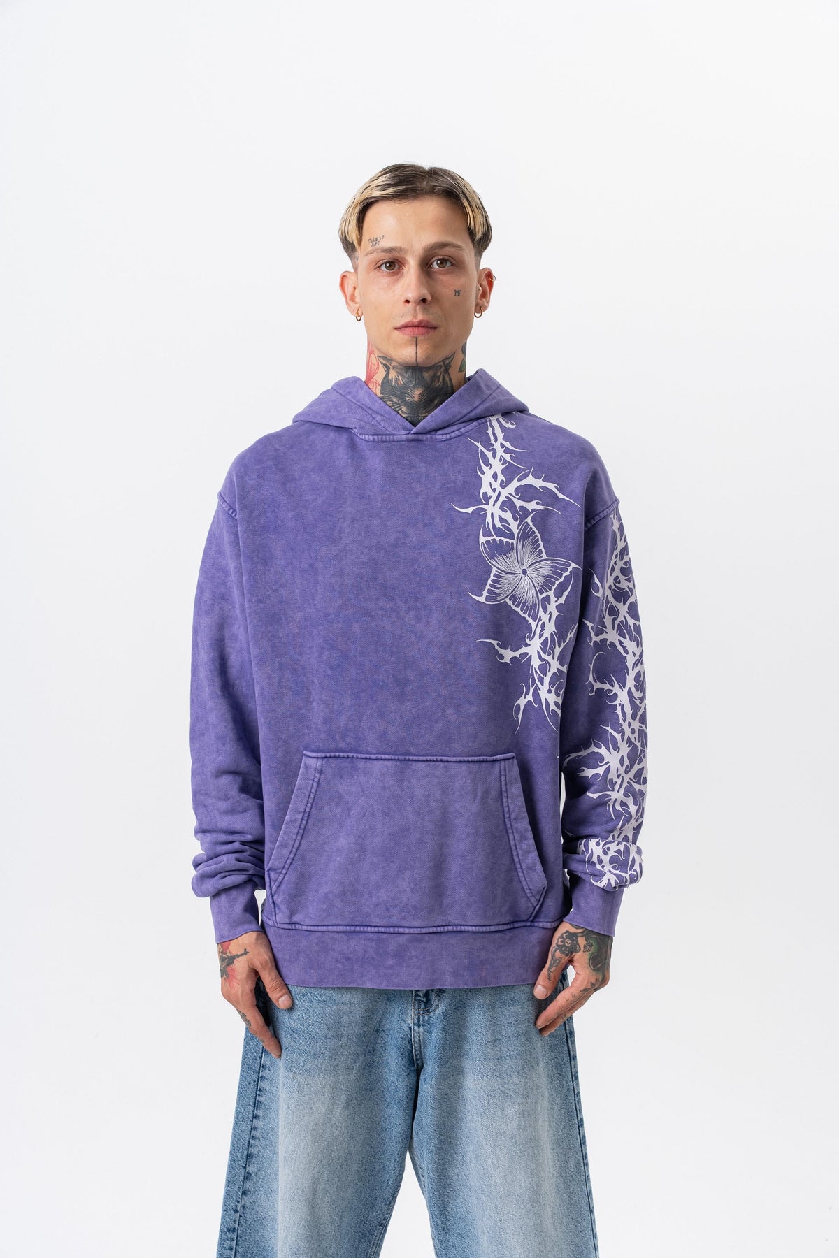 Erkek Far From Basic Baskılı Yıkamalı Kapüşonlu Oversize Hoodie Mor - 0