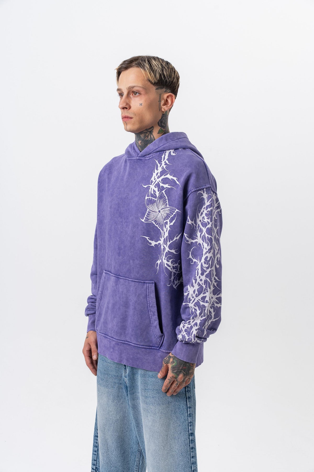 Erkek Far From Basic Baskılı Yıkamalı Kapüşonlu Oversize Hoodie Mor - 2