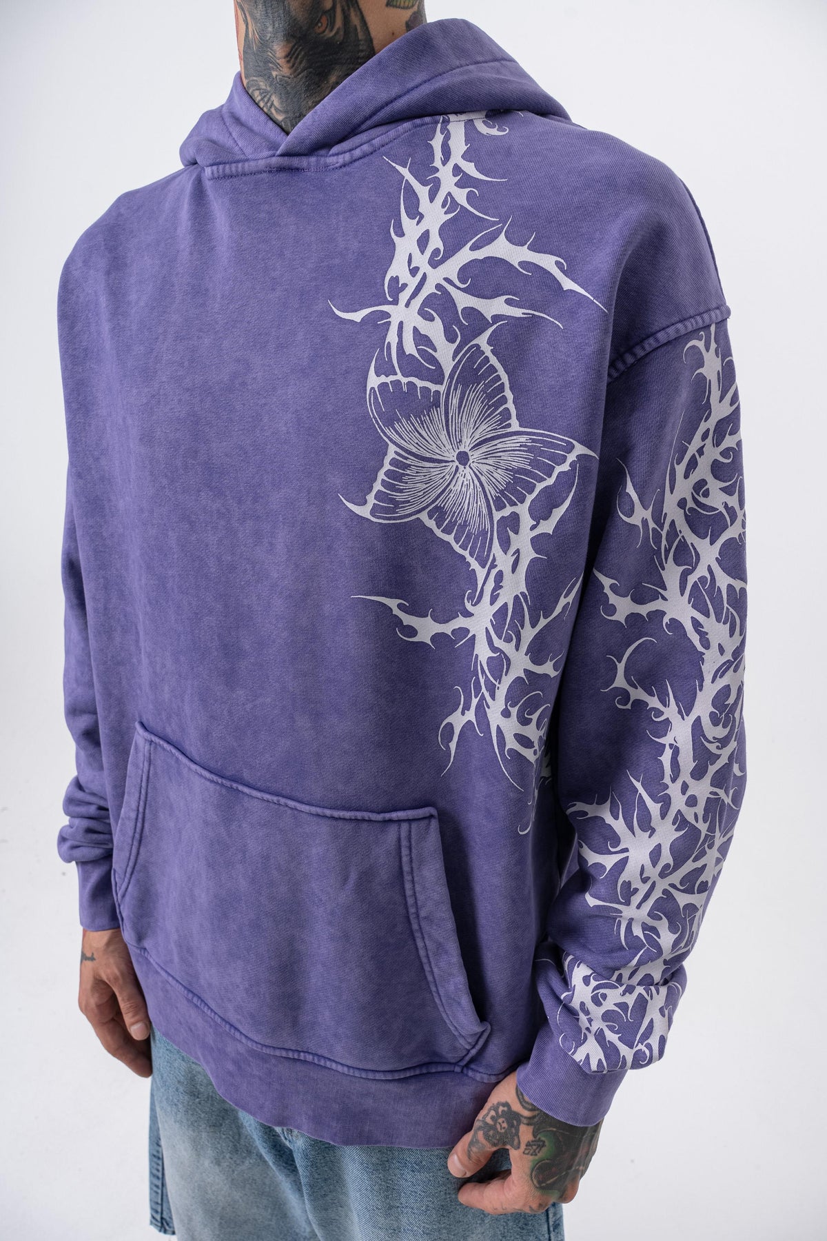 Erkek Far From Basic Baskılı Yıkamalı Kapüşonlu Oversize Hoodie Mor - 3