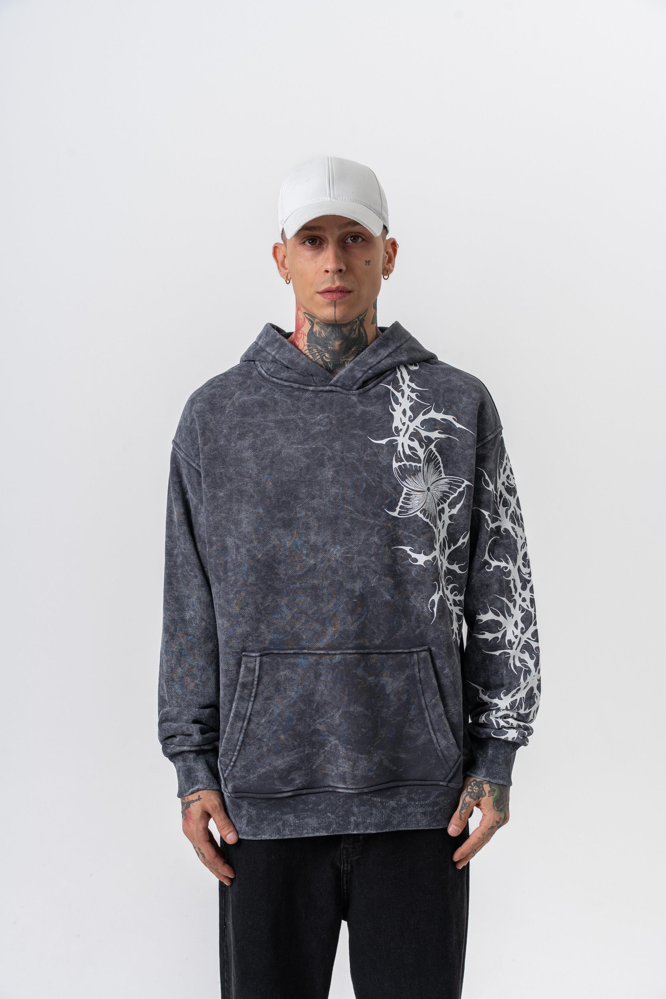 Erkek Far From Basic Baskılı Yıkamalı Kapüşonlu Oversize Hoodie Siyah - 0