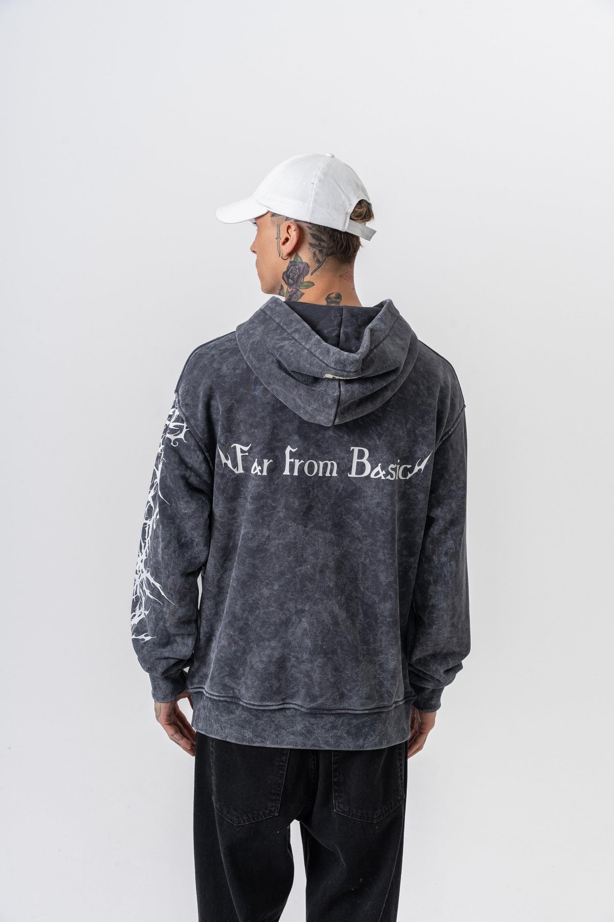 Erkek Far From Basic Baskılı Yıkamalı Kapüşonlu Oversize Hoodie Siyah - 1