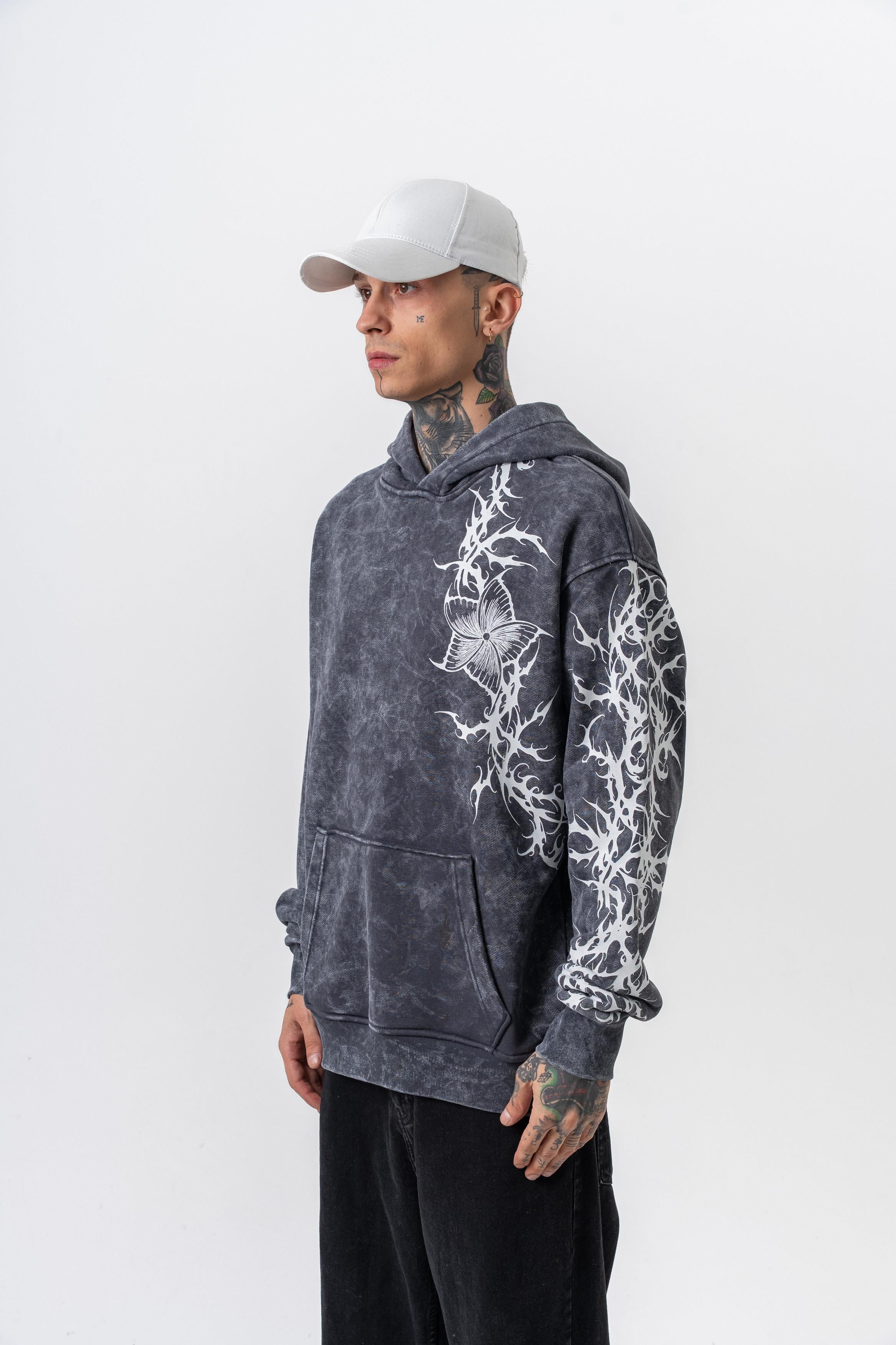 Erkek Far From Basic Baskılı Yıkamalı Kapüşonlu Oversize Hoodie Siyah - 2