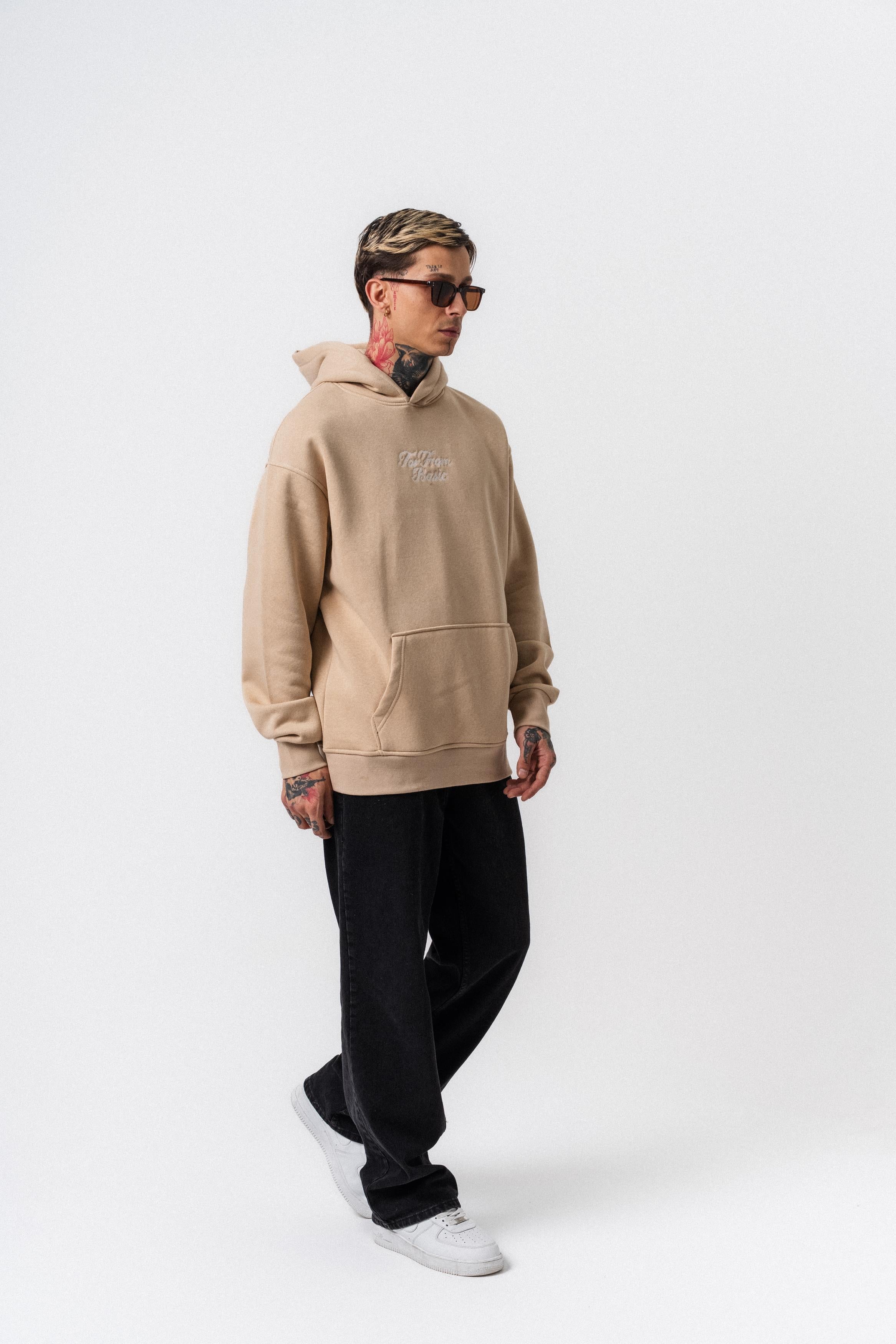 Erkek Far From Basic Nakışlı Kapüşonlu Oversize Hoodie Bej