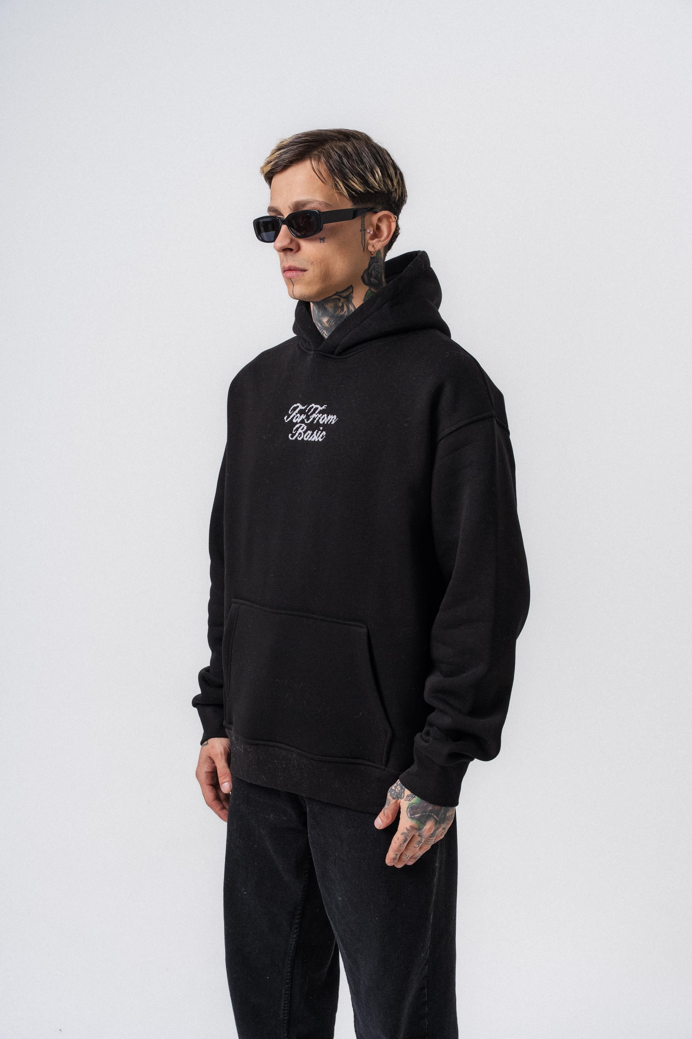 Erkek Far From Basic Nakışlı Kapüşonlu Oversize Hoodie Siyah