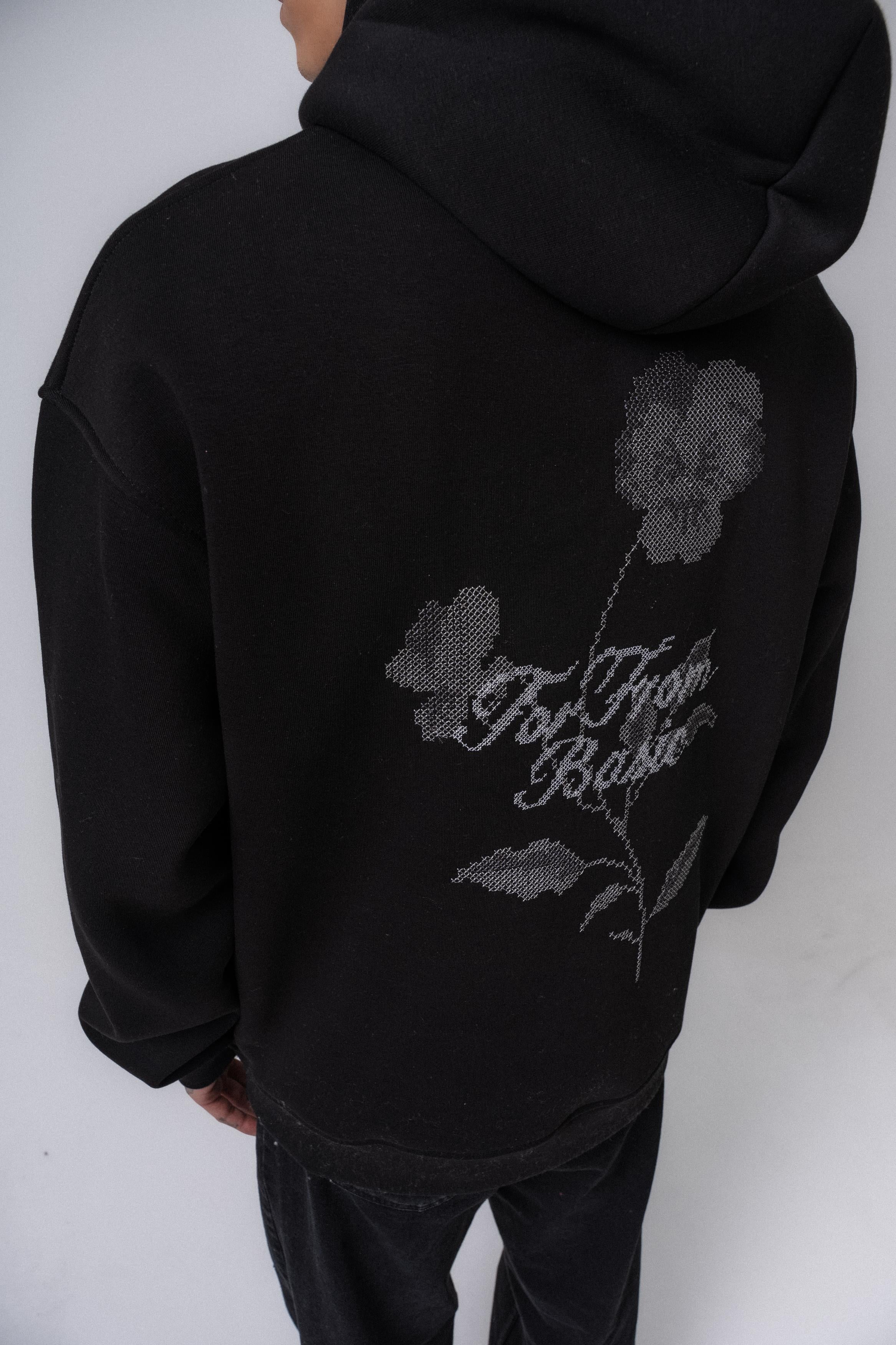 Erkek Far From Basic Nakışlı Kapüşonlu Oversize Hoodie Siyah