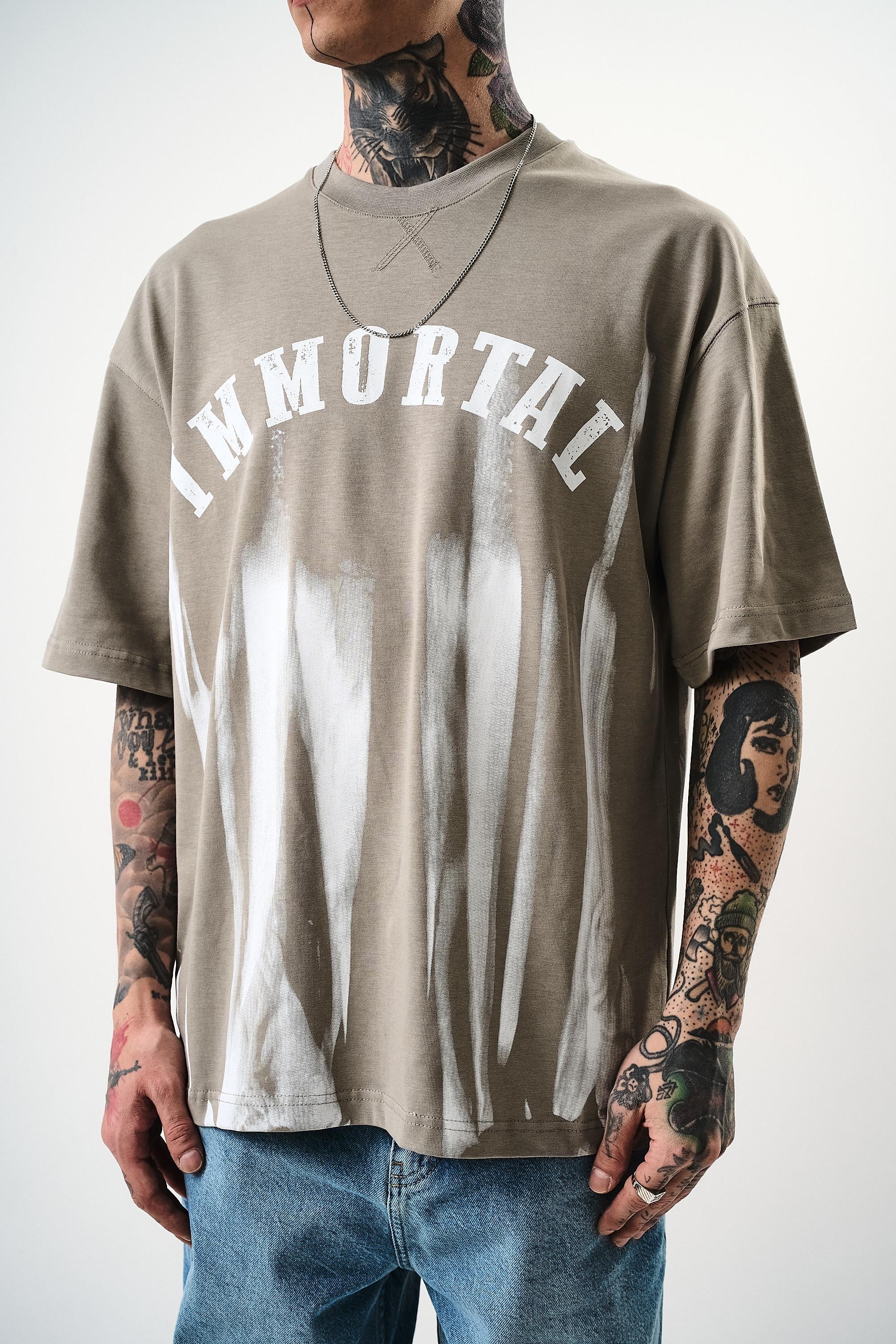 Erkek İMmortal Baskılı Oversize T-Shirt Gri