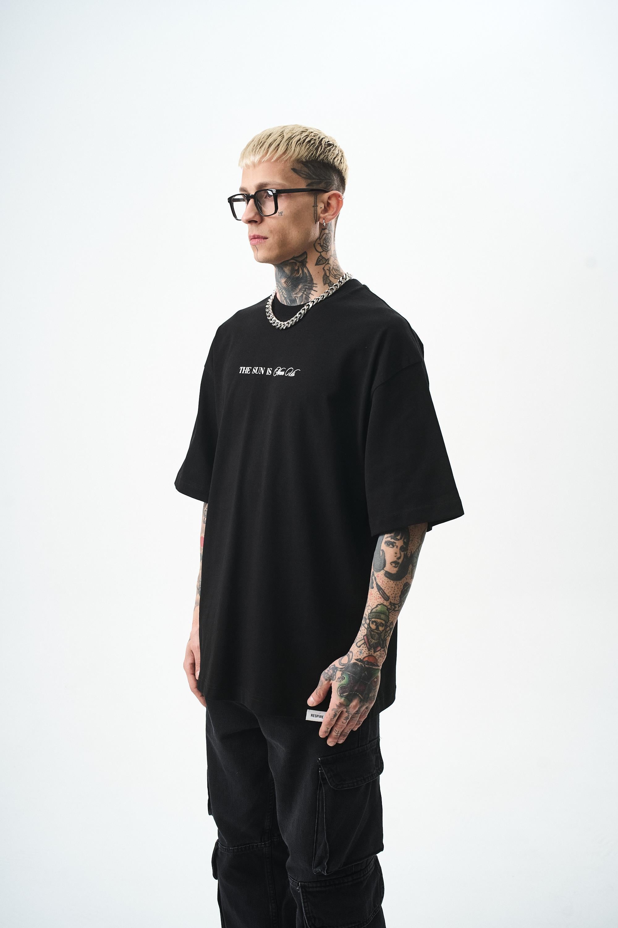 Erkek Palm Baskılı Oversize T-Shirt Siyah