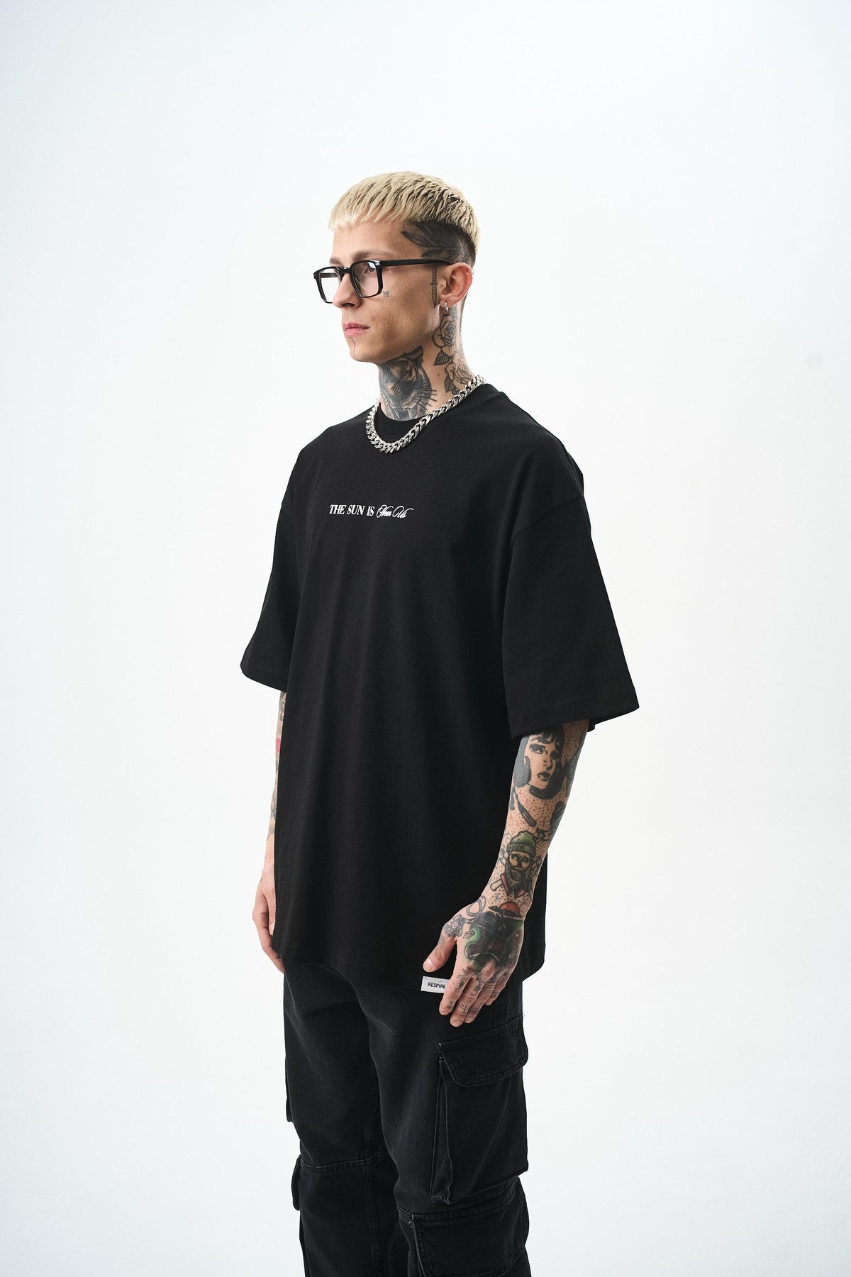 Erkek Palm Baskılı Oversize T-Shirt Siyah